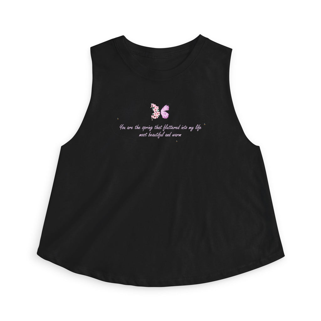 Women's Black Floral Butterfly Spring Quote Cotton Blend Crop Top