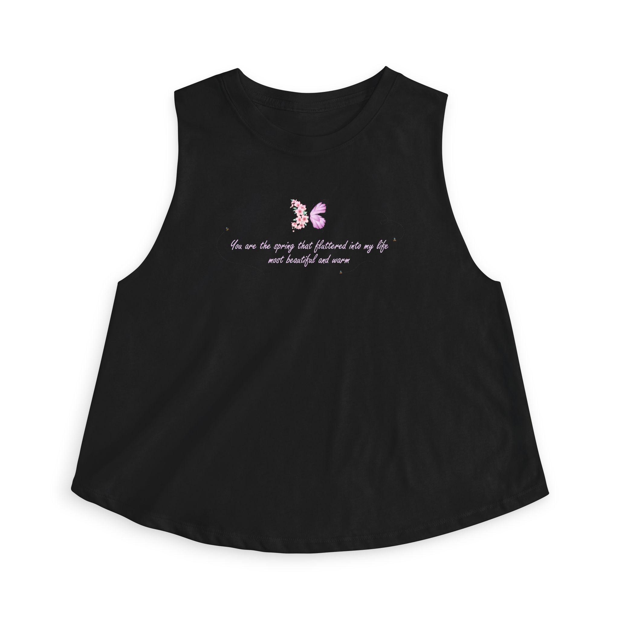 Women's Black Floral Butterfly Spring Quote Cotton Blend Crop Top