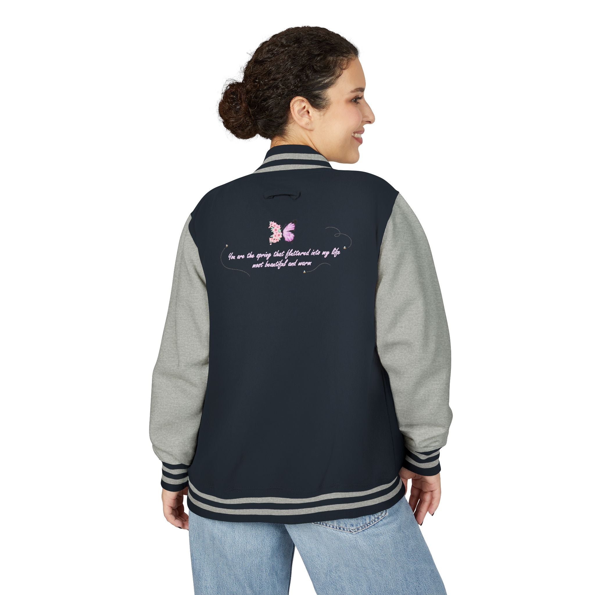 Unisex Navy Blue Floral Butterfly Spring Quote Cotton Blend Letterman Jacket