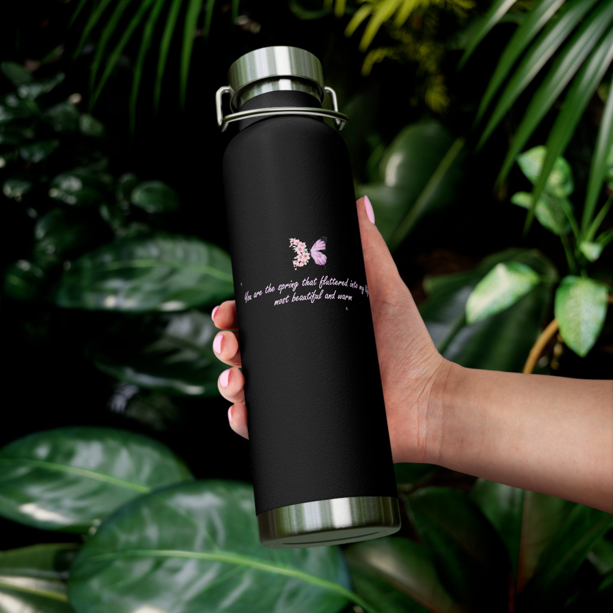 Navy Blue Romantic Floral Butterfly Quote 22oz Copper Vacuum Insulated Bottle
