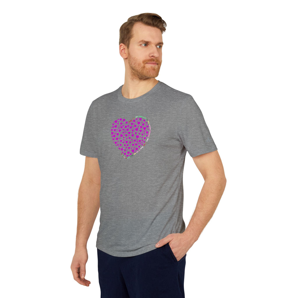 アディダス® ユニセックス スポーツTシャツ パウダーピンクハートデザイン付き