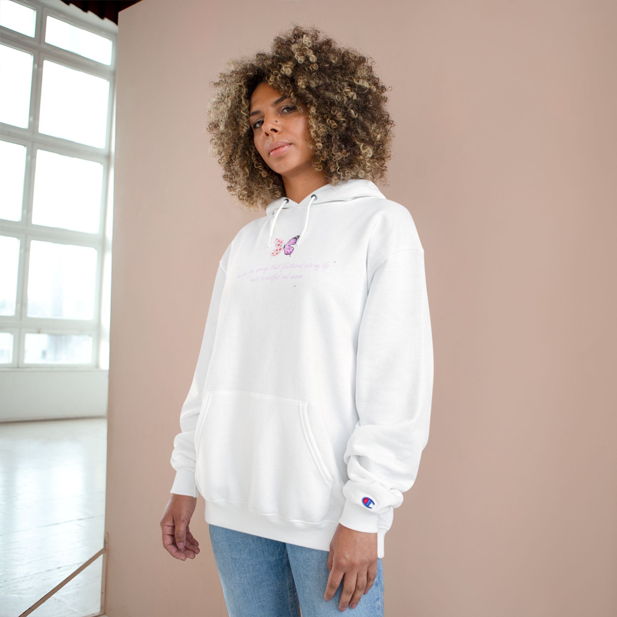 Unisex White Floral Butterfly Spring Quote Cotton Blend Champion Hoodie