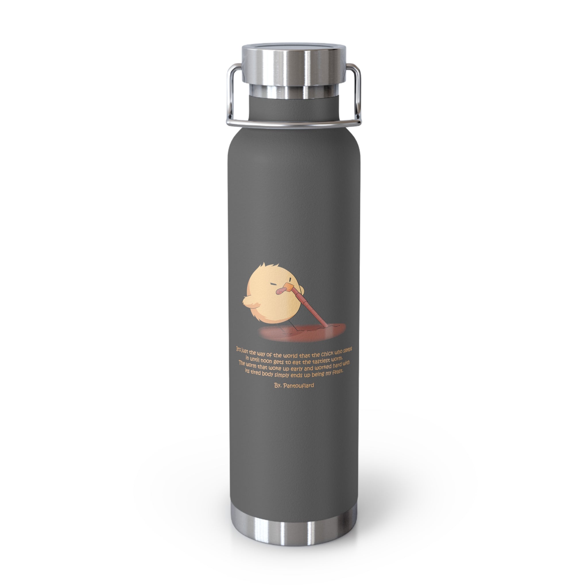 Navy Blue Cute Chick Pulling Worm Quote 22oz Copper Vacuum Insulated Bottle
