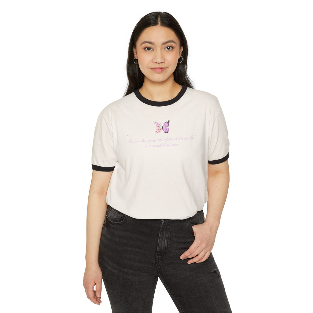 Unisex Natural Floral Butterfly Spring Quote 100% Cotton Ringer T-Shirt