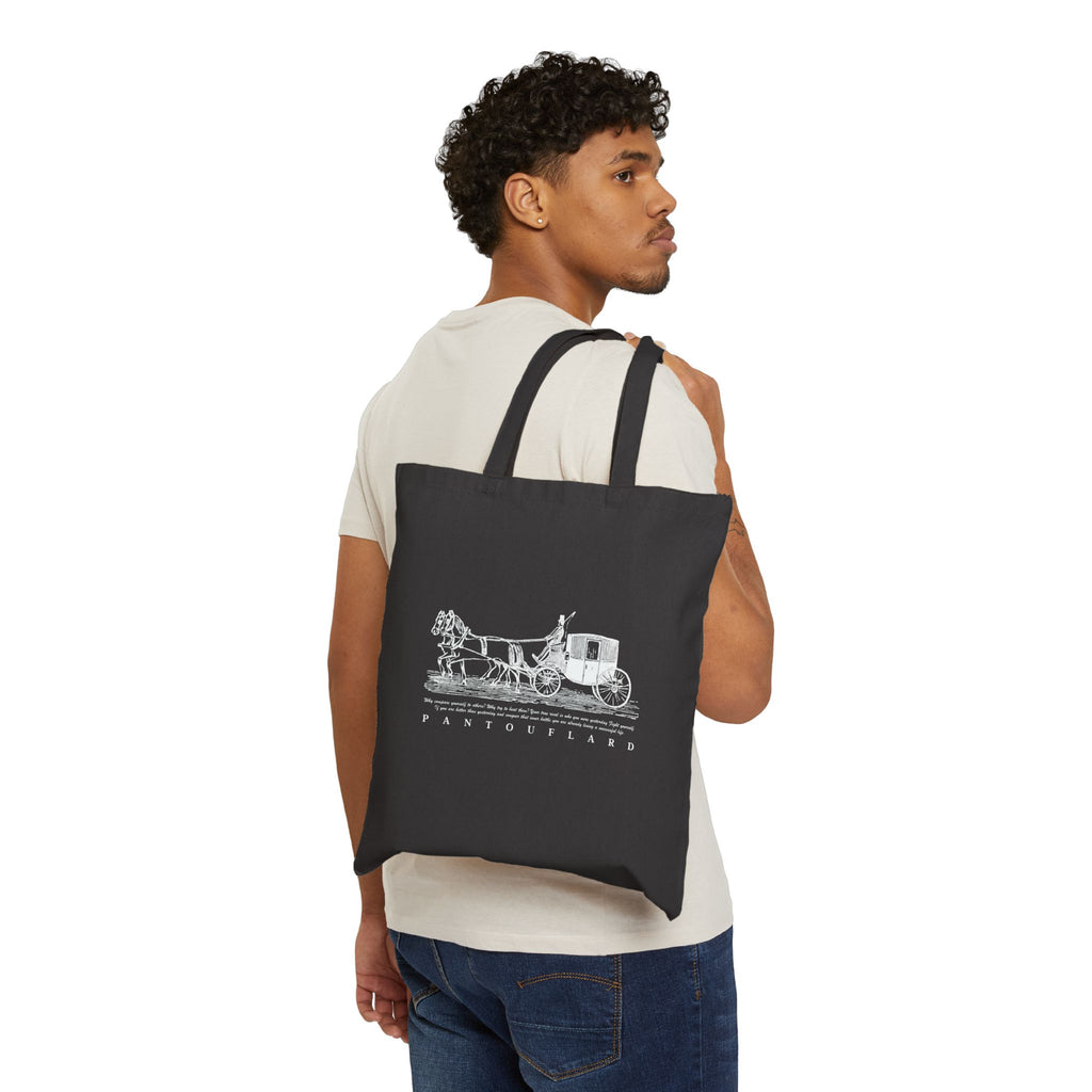 Horse Carriage Print Cotton Canvas Tote Bag Black Color