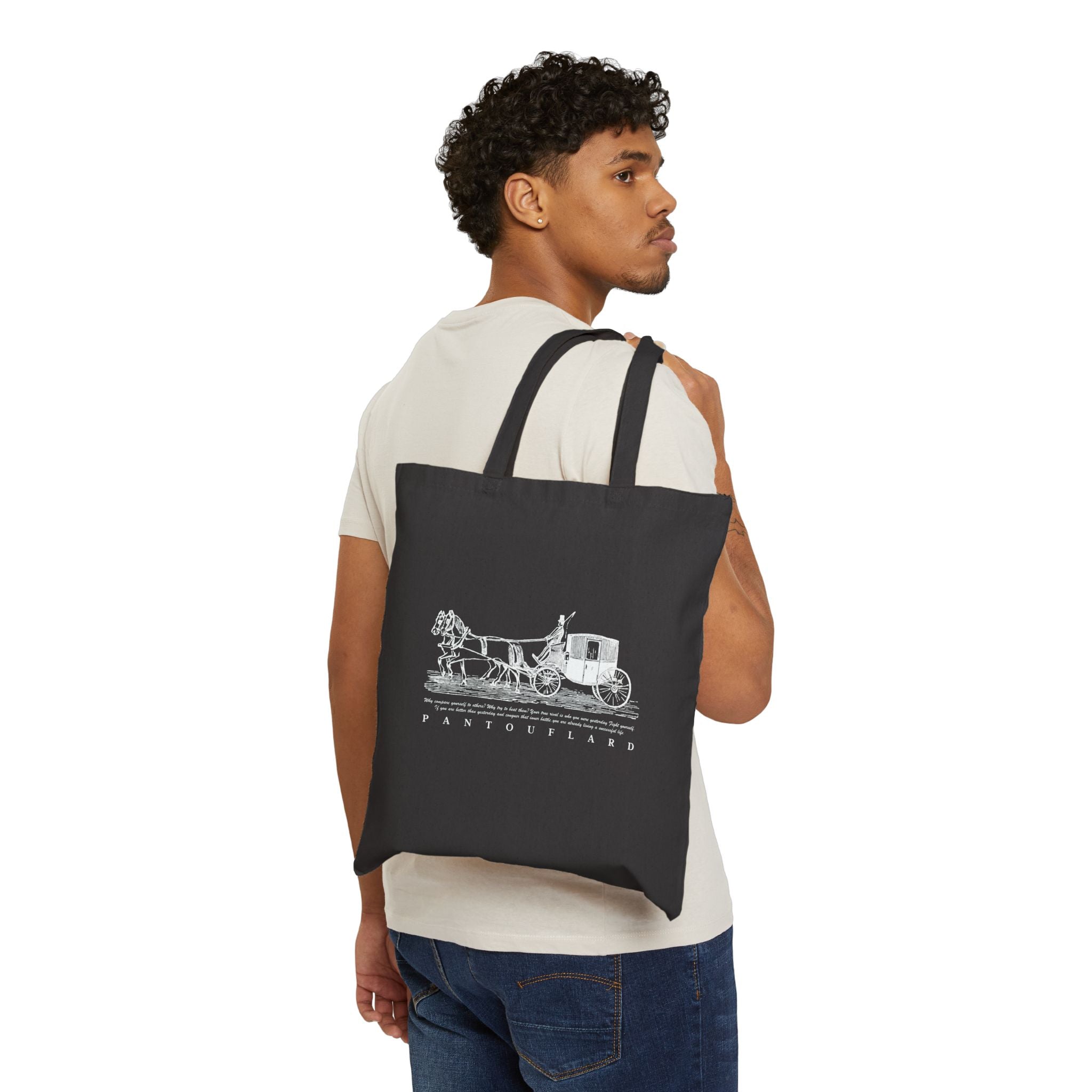 Horse Carriage Print Cotton Canvas Tote Bag Black Color