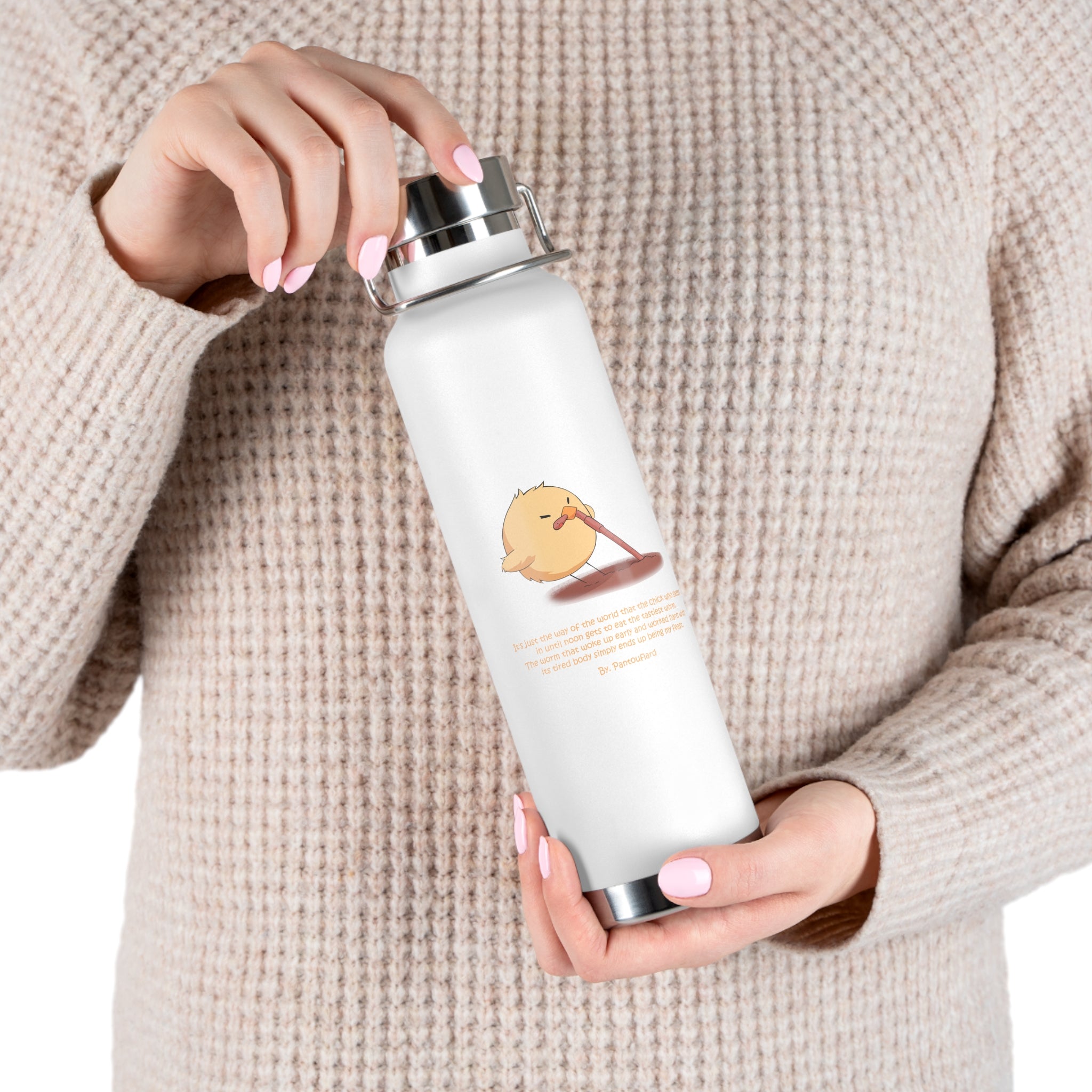 Navy Blue Cute Chick Pulling Worm Quote 22oz Copper Vacuum Insulated Bottle