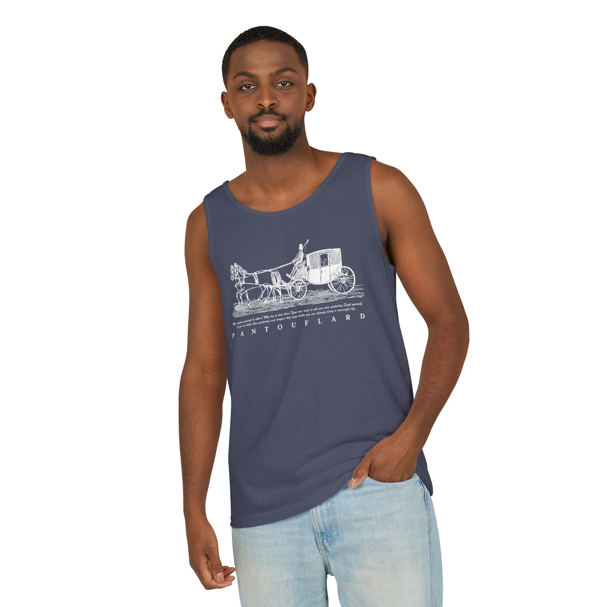 Unisex Black Pantouflard Carriage Cotton Garment-Dyed Tank Top
