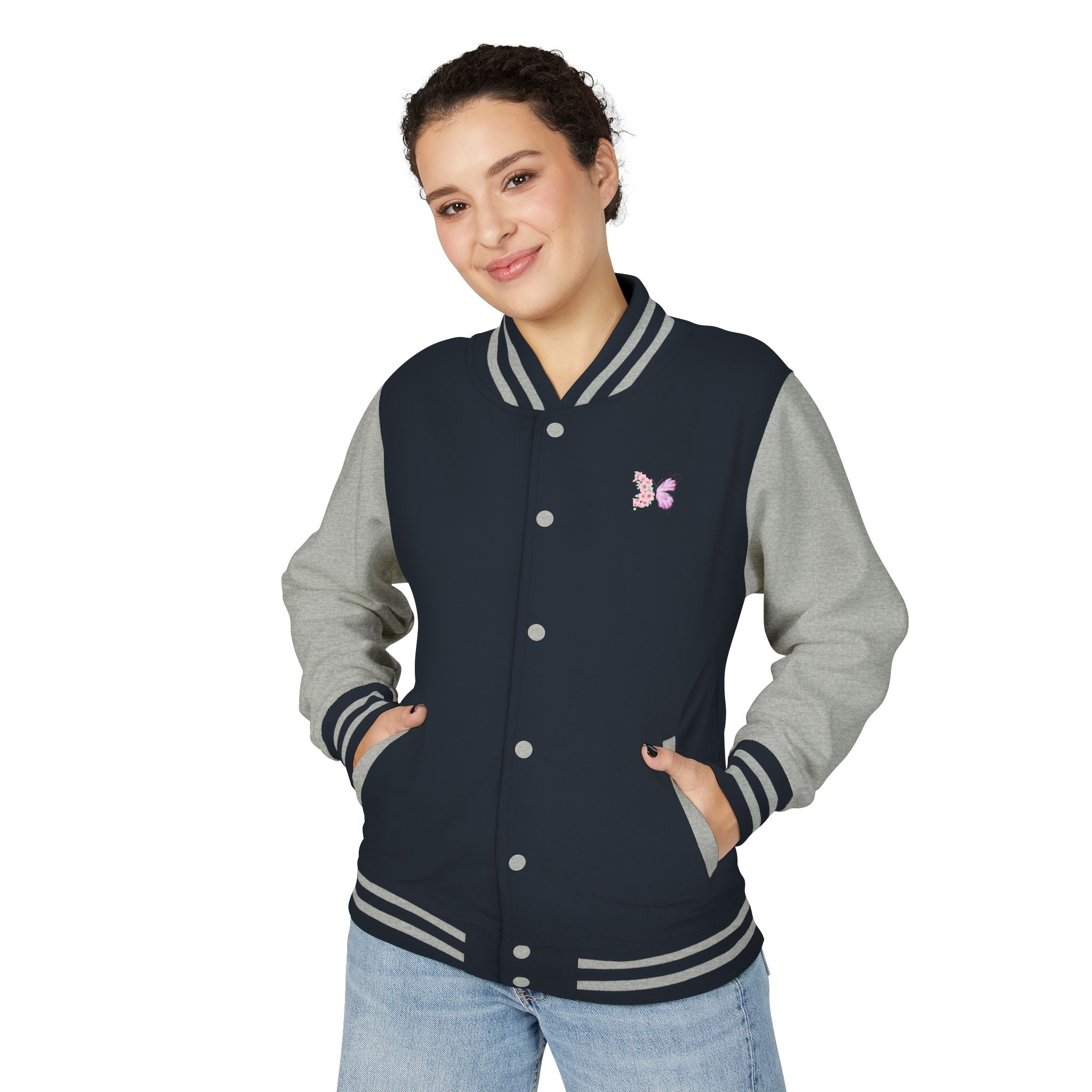 Unisex Navy Blue Floral Butterfly Spring Quote Cotton Blend Letterman Jacket