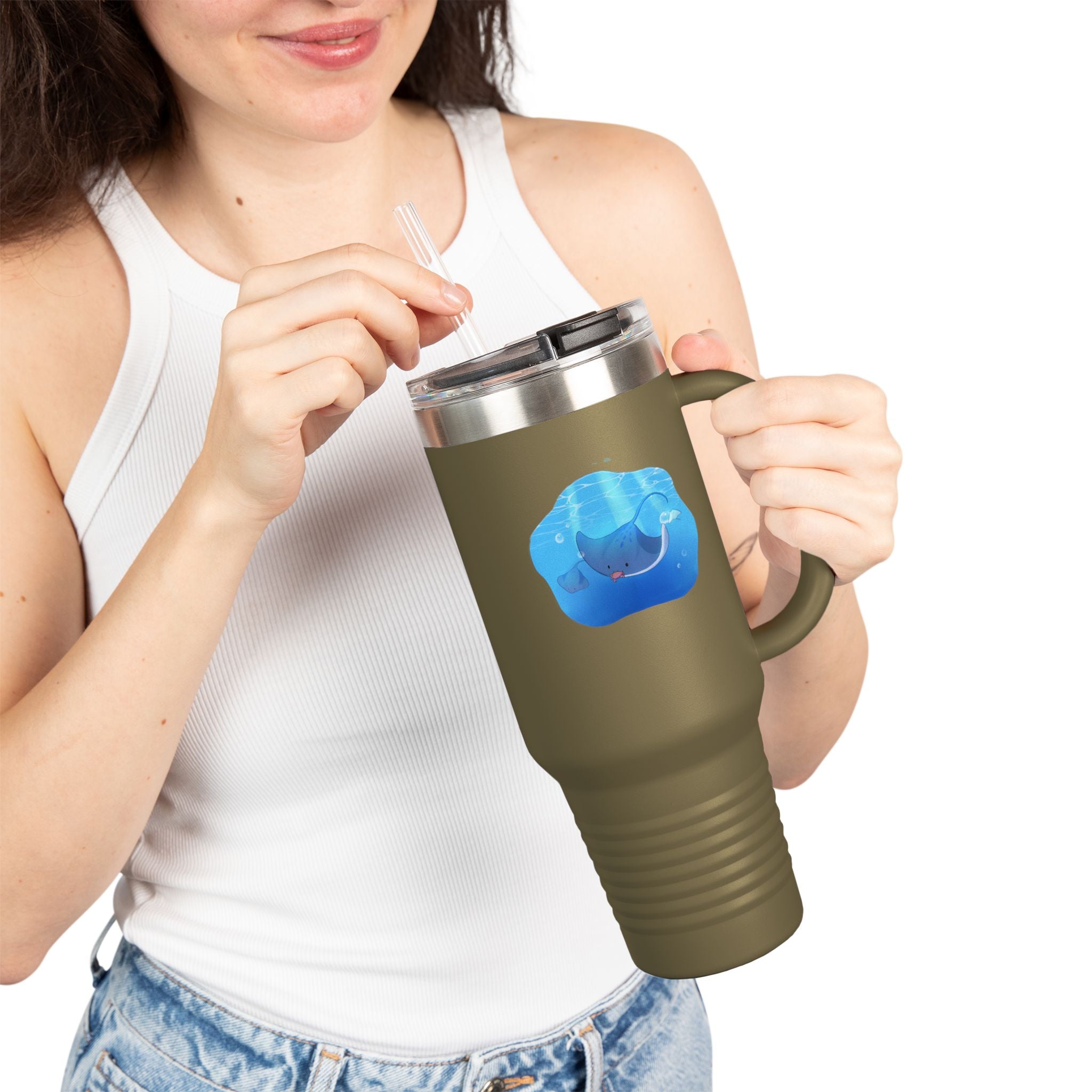 Navy Blue Cute Swimming Stingray 40oz Stainless Steel Insulated Travel Mug