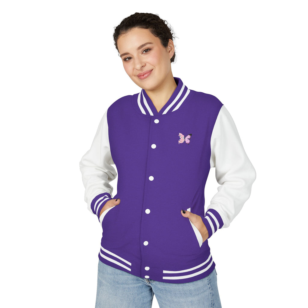 Unisex Navy Blue Floral Butterfly Spring Quote Cotton Blend Letterman Jacket