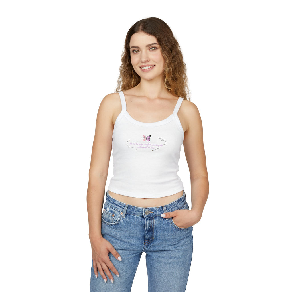 Women's Pink Floral Butterfly Spring Quote Cotton Blend Spaghetti Strap Tank Top