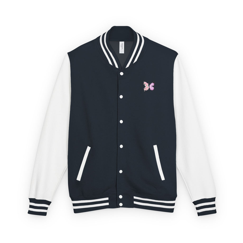 Unisex Navy Blue Floral Butterfly Spring Quote Cotton Blend Letterman Jacket