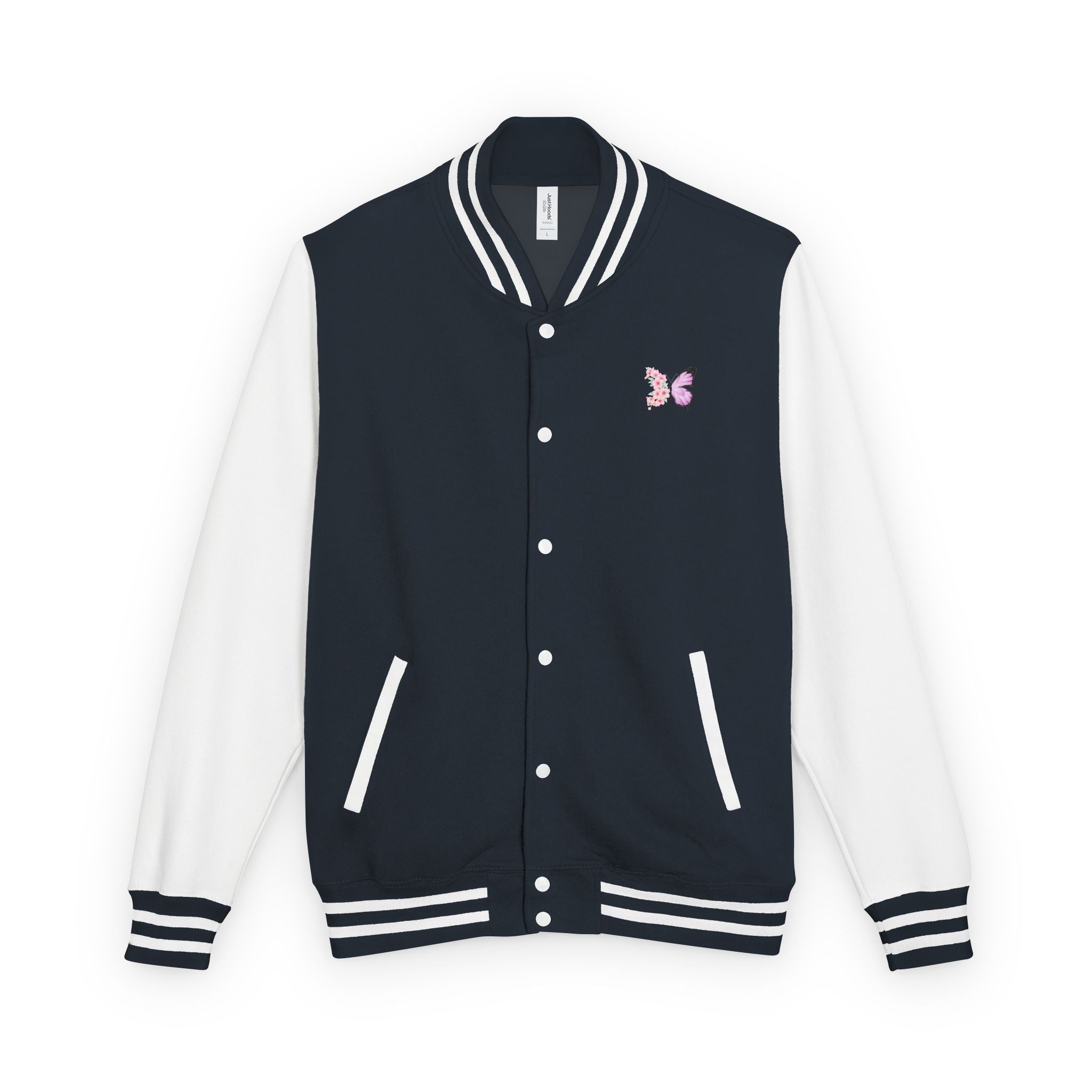 Unisex Navy Blue Floral Butterfly Spring Quote Cotton Blend Letterman Jacket