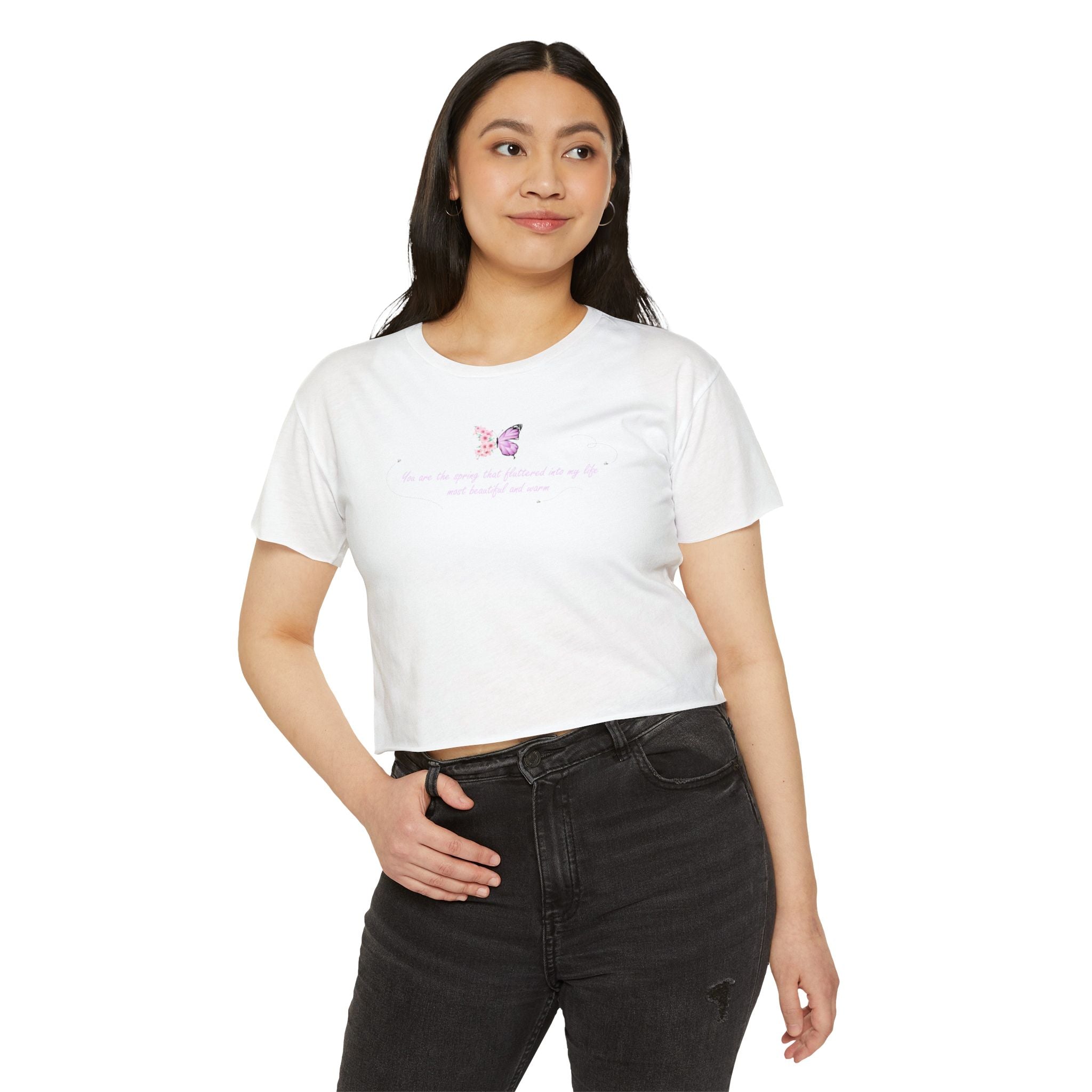 Women's Purple Floral Butterfly Spring Quote Cotton Blend Crop Top