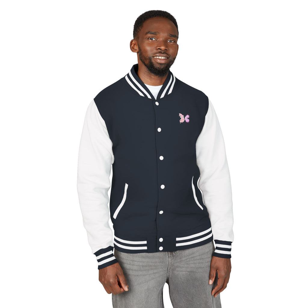 Unisex Navy Blue Floral Butterfly Spring Quote Cotton Blend Letterman Jacket