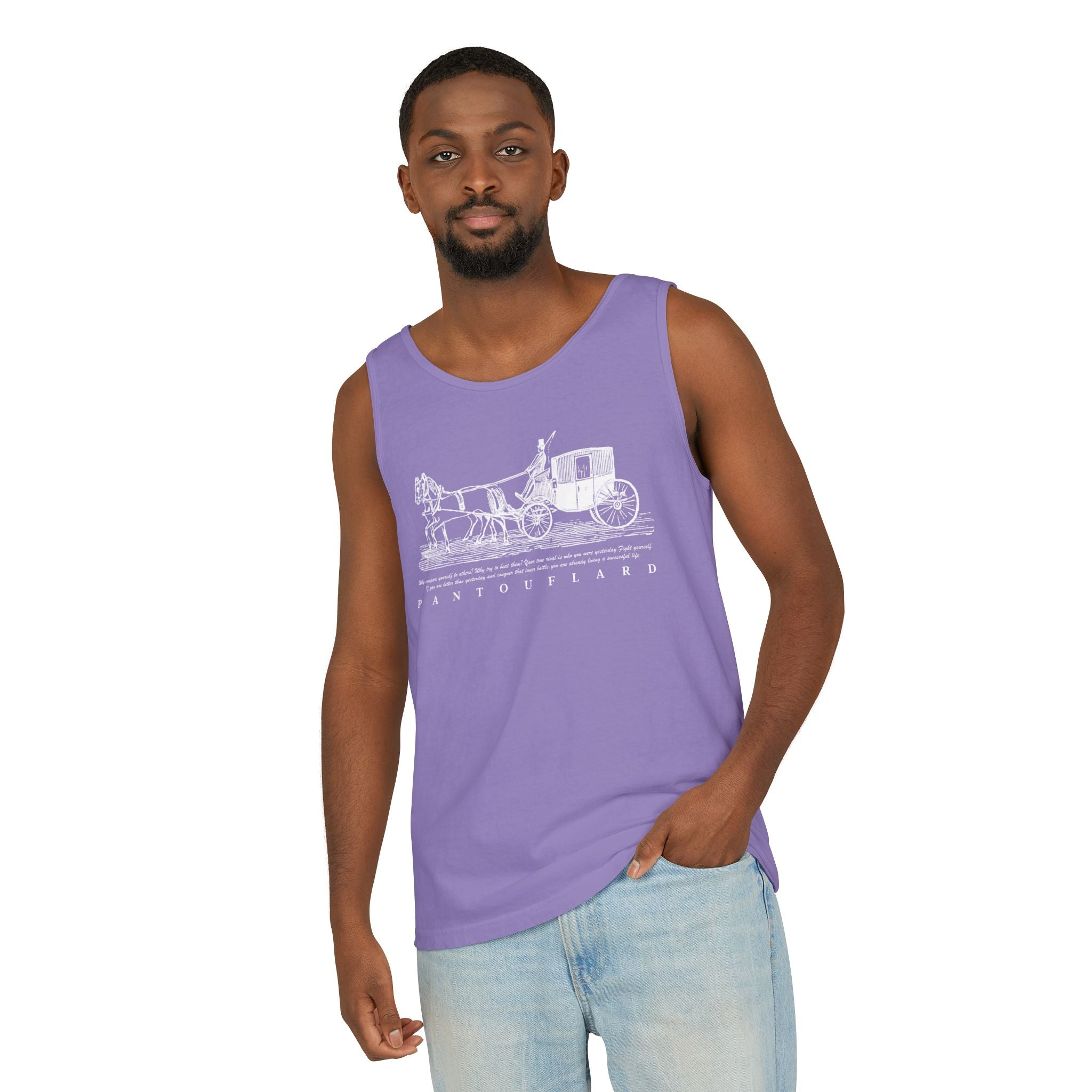 Unisex Black Pantouflard Carriage Cotton Garment-Dyed Tank Top