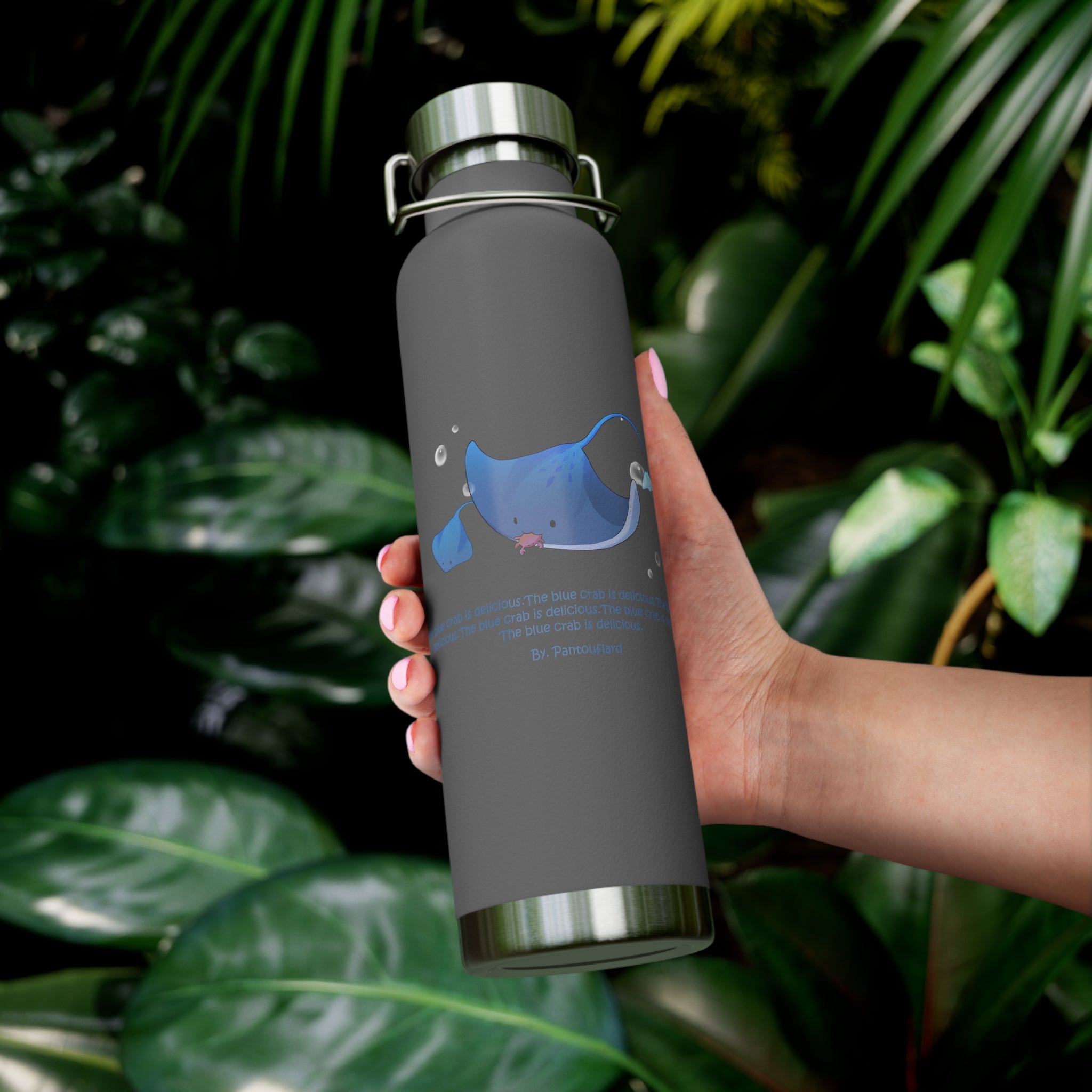 Cyan Blue Cute Stingray Eating Crab Quote 22oz Copper Vacuum Insulated Bottle