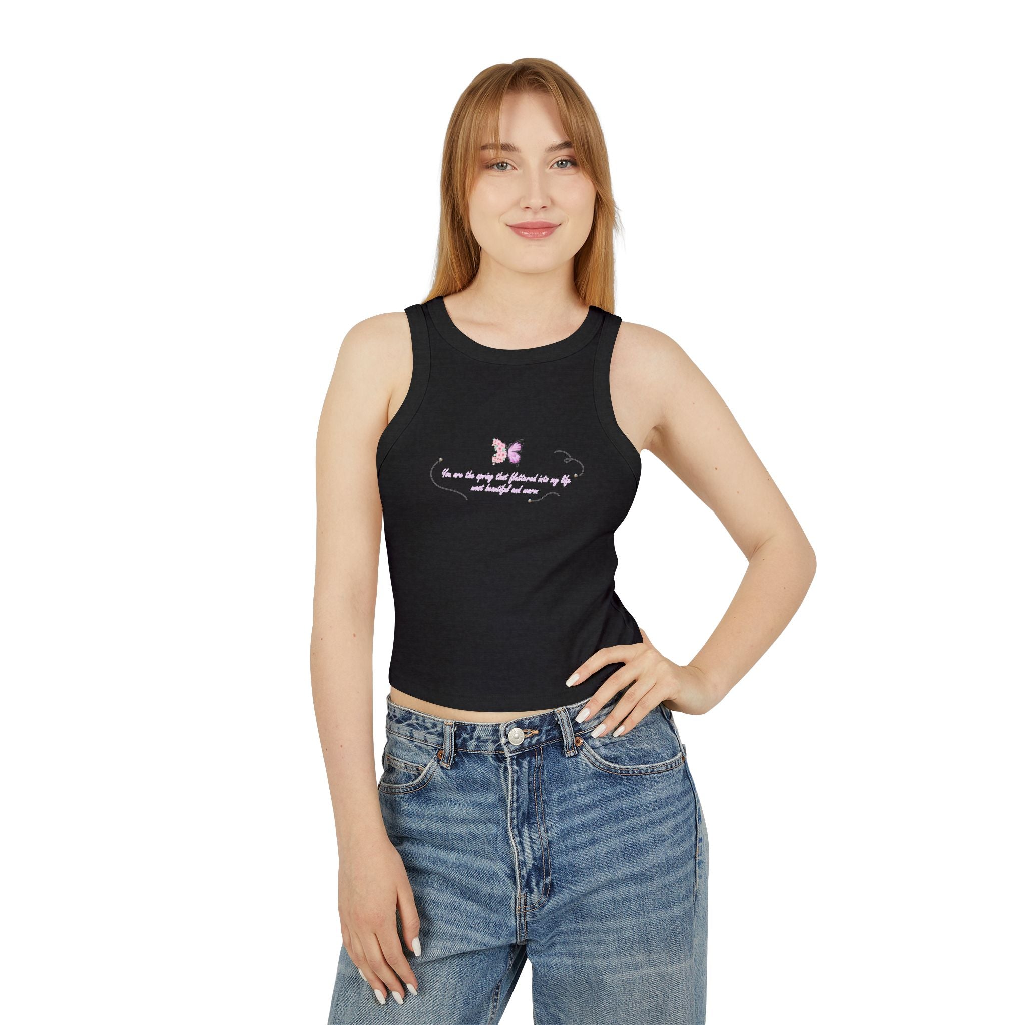 Women's Navy Blue Floral Butterfly Spring Quote Cotton Blend Racer Tank Top