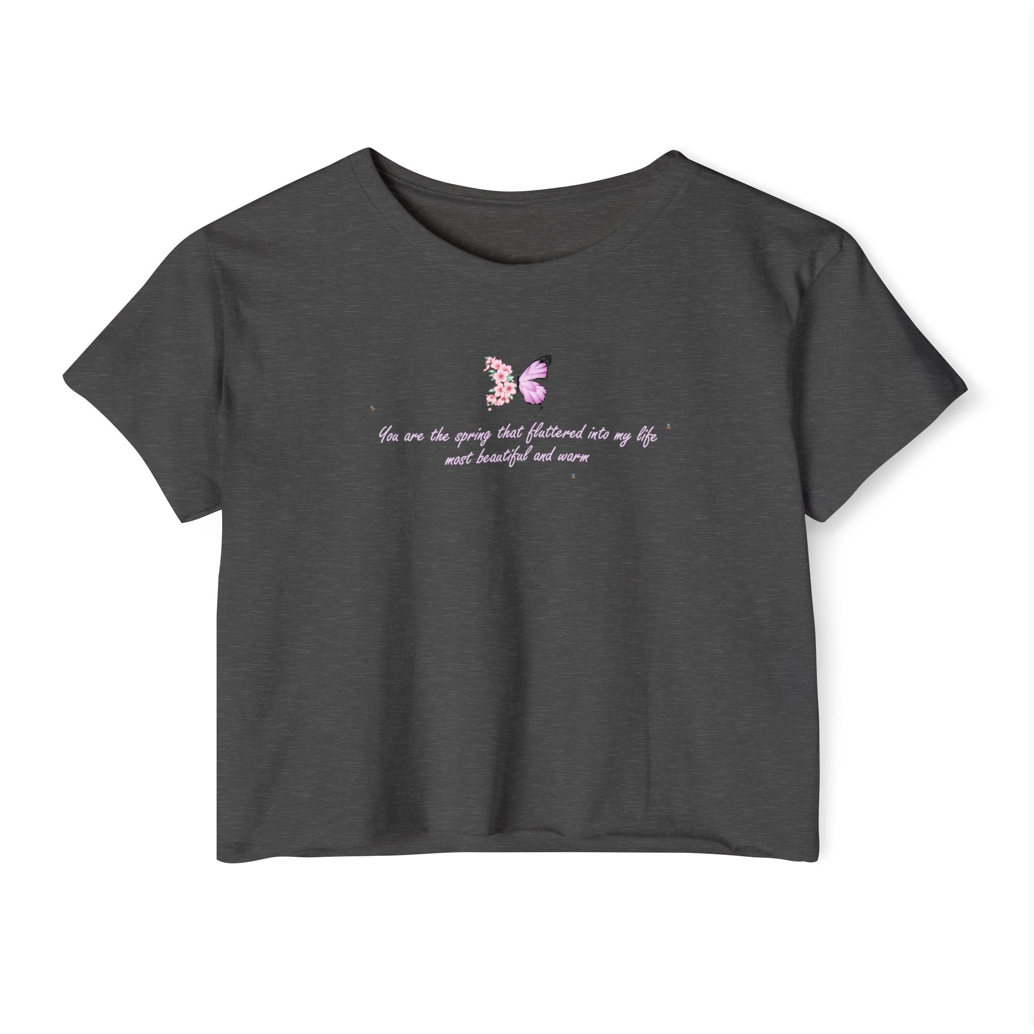 Women's Purple Floral Butterfly Spring Quote Cotton Blend Crop Top