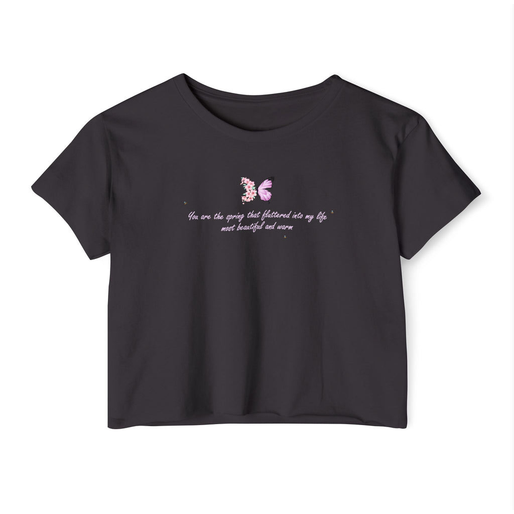 Women's Purple Floral Butterfly Spring Quote Cotton Blend Crop Top