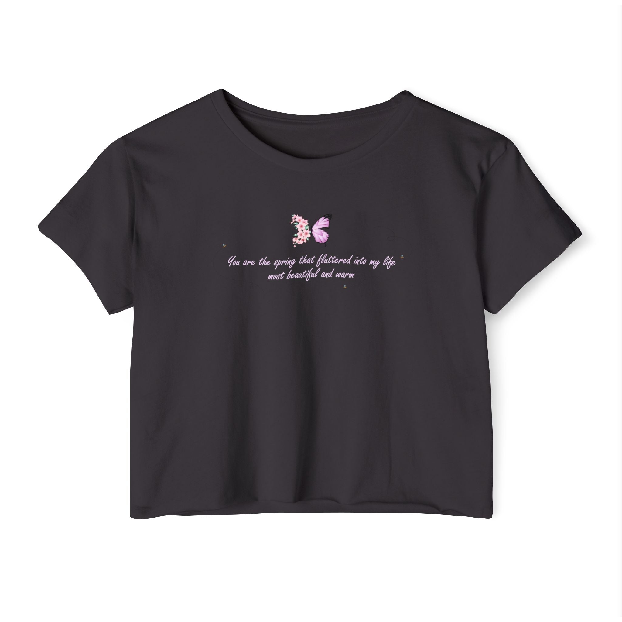 Women's Purple Floral Butterfly Spring Quote Cotton Blend Crop Top