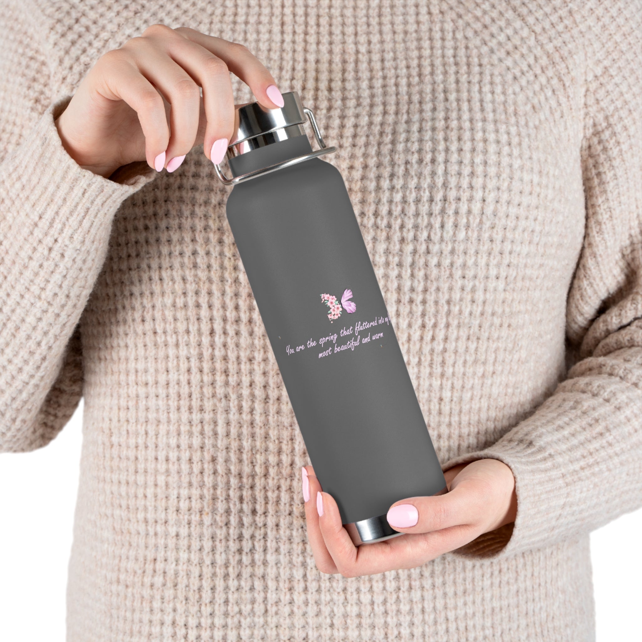Navy Blue Romantic Floral Butterfly Quote 22oz Copper Vacuum Insulated Bottle