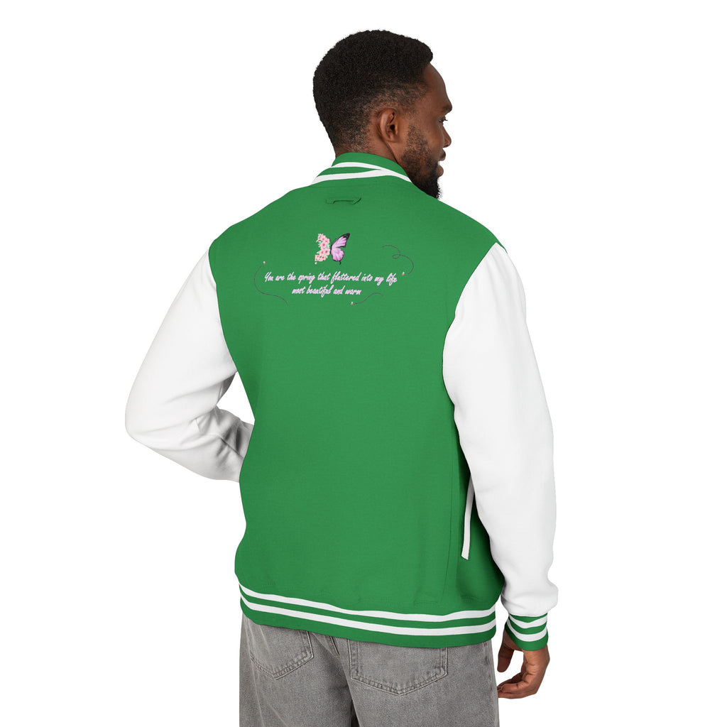 Unisex Navy Blue Floral Butterfly Spring Quote Cotton Blend Letterman Jacket