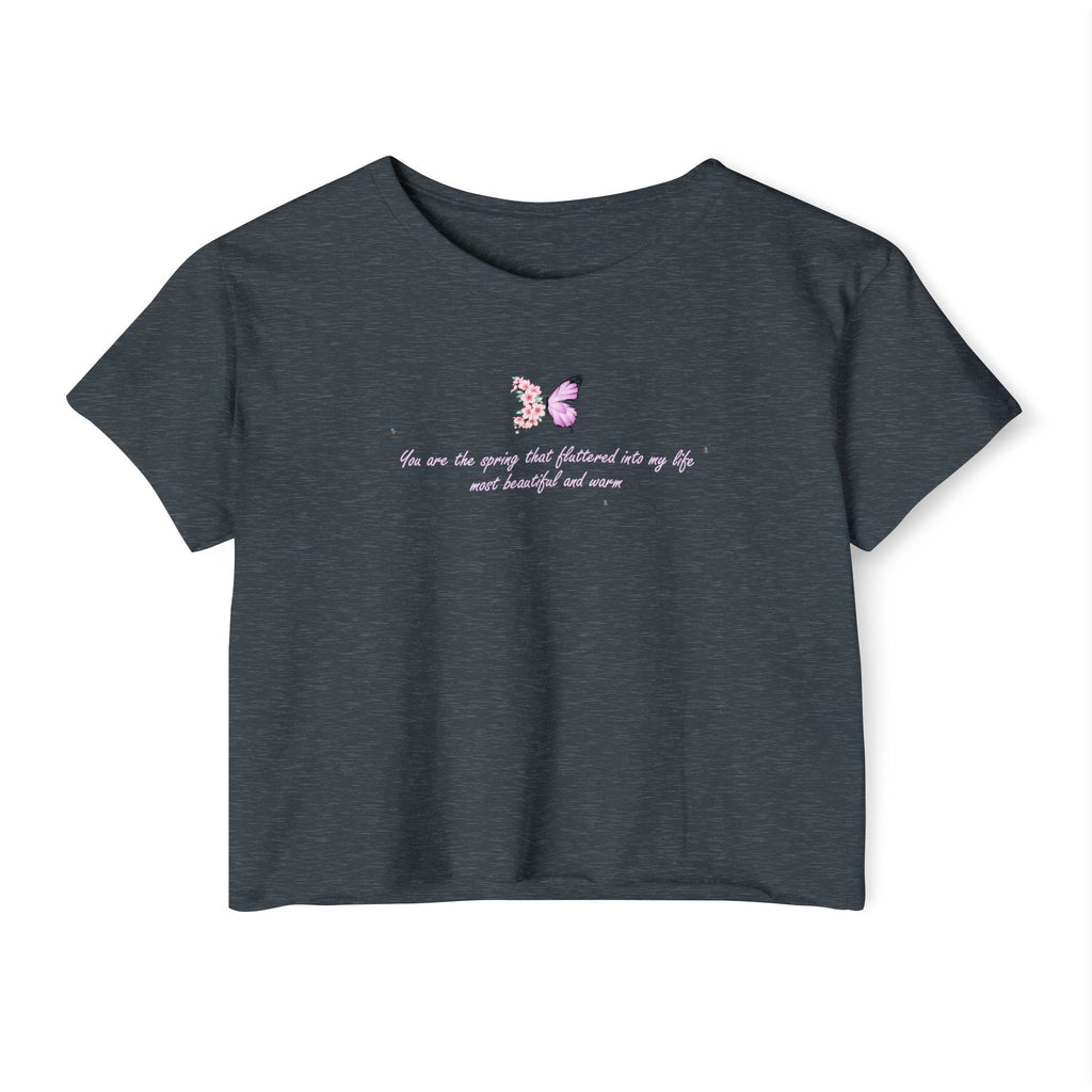 Women's Purple Floral Butterfly Spring Quote Cotton Blend Crop Top