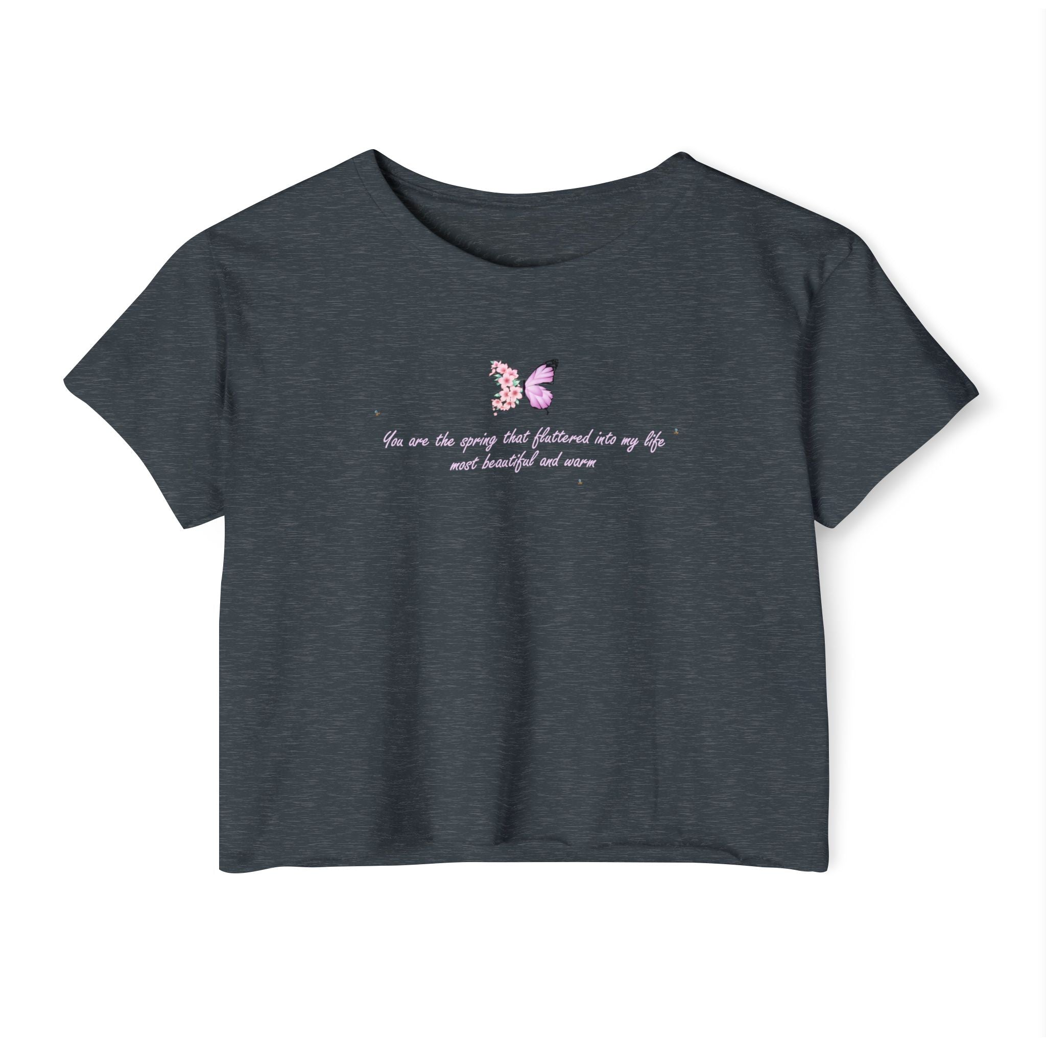Women's Purple Floral Butterfly Spring Quote Cotton Blend Crop Top
