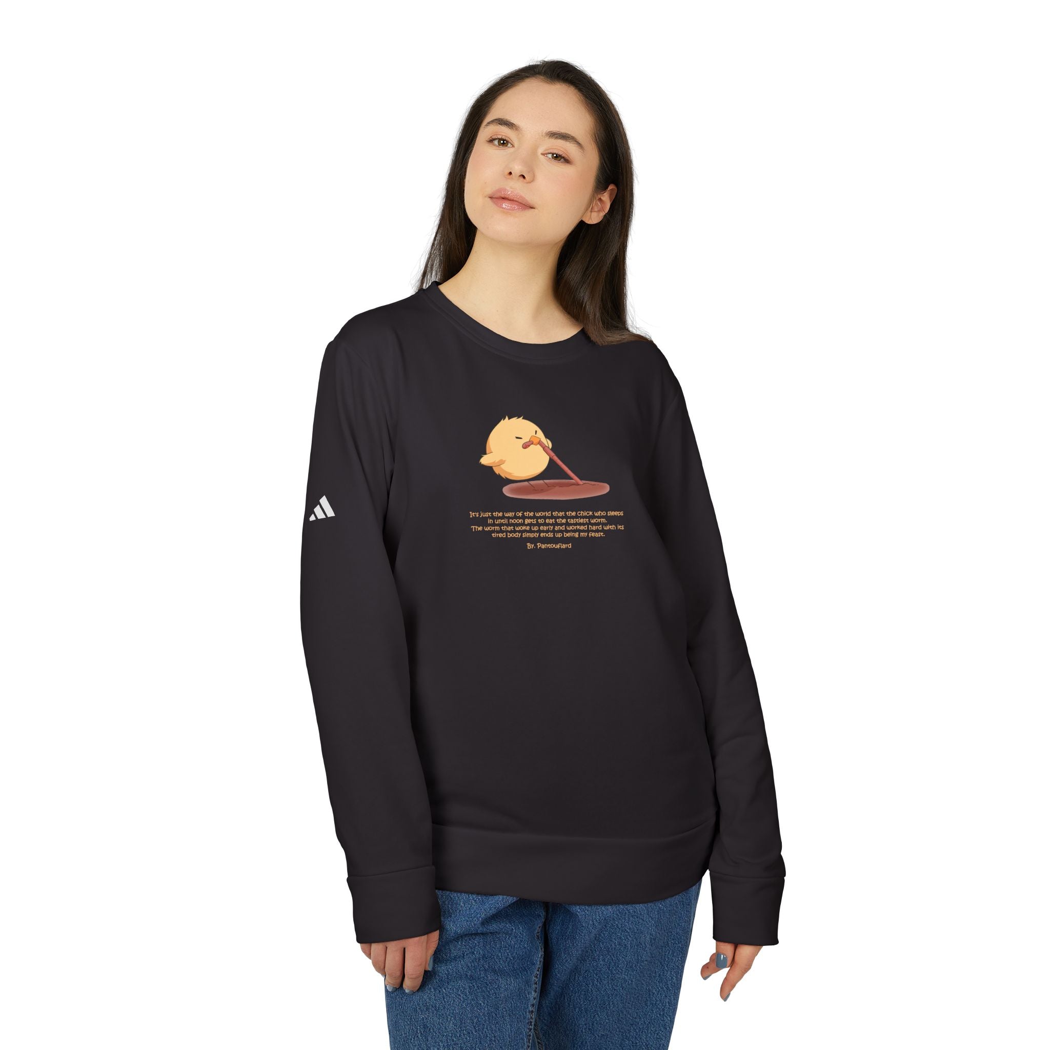 Adidas Crewneck Sweatshirt with Funny Graphic - "Early Bird Parody" Cute Chick Design - 8color Cotton Fleece Pullover - Unisex Streetwear