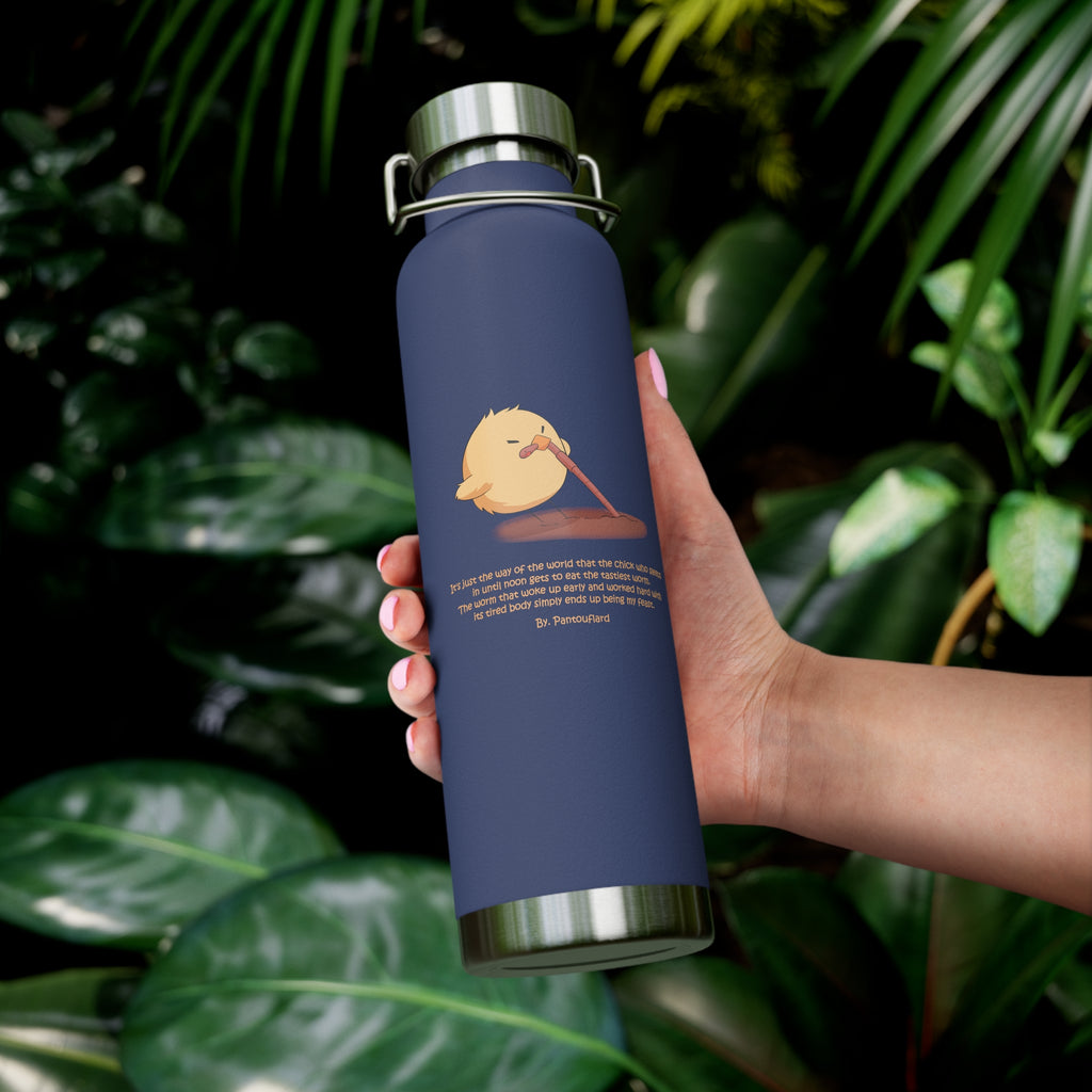 Navy Blue Cute Chick Pulling Worm Quote 22oz Copper Vacuum Insulated Bottle