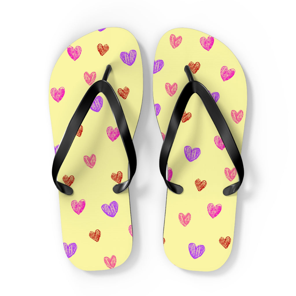 Unisex Light Yellow Colorful Hand Drawn Heart Pattern EVA Polyester Flip Flops