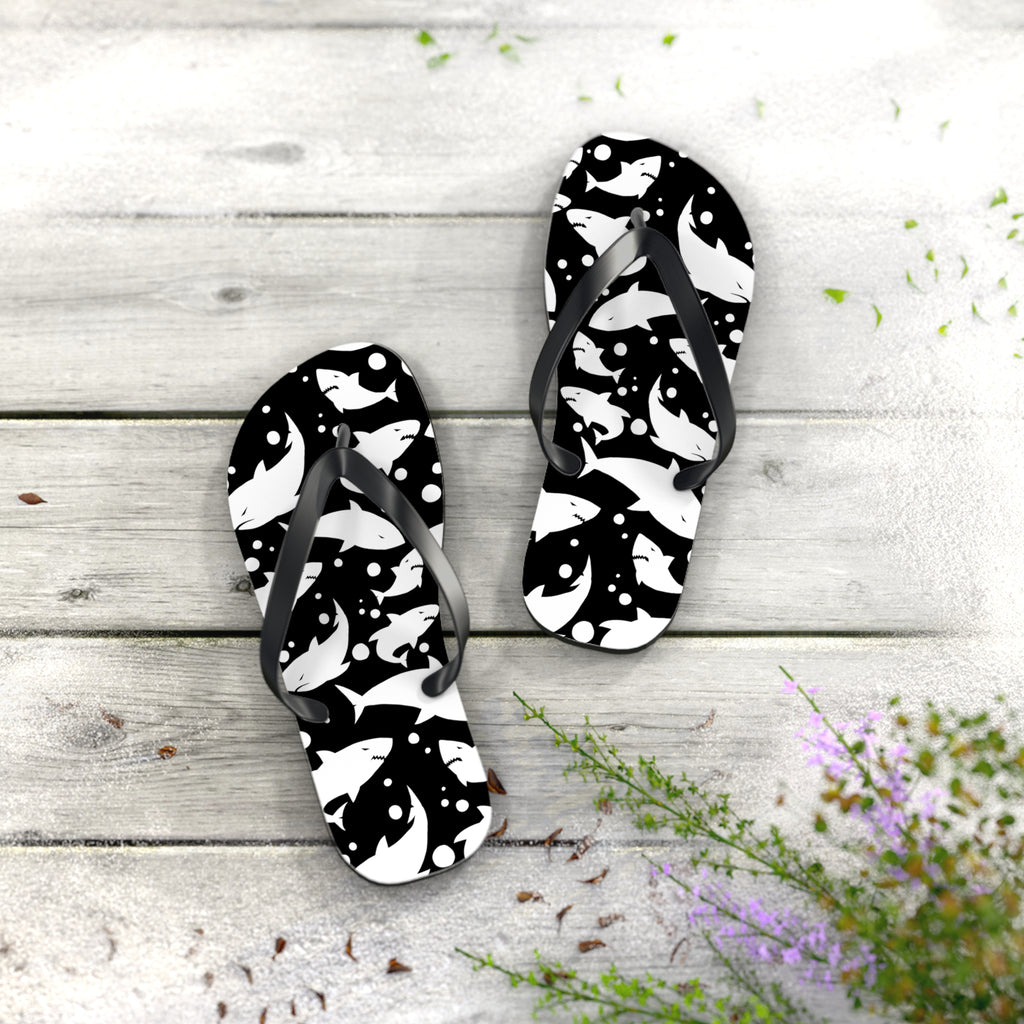 Men's/Women's Black and White Shark Print Flip Flops - Graphic Thong Sandals