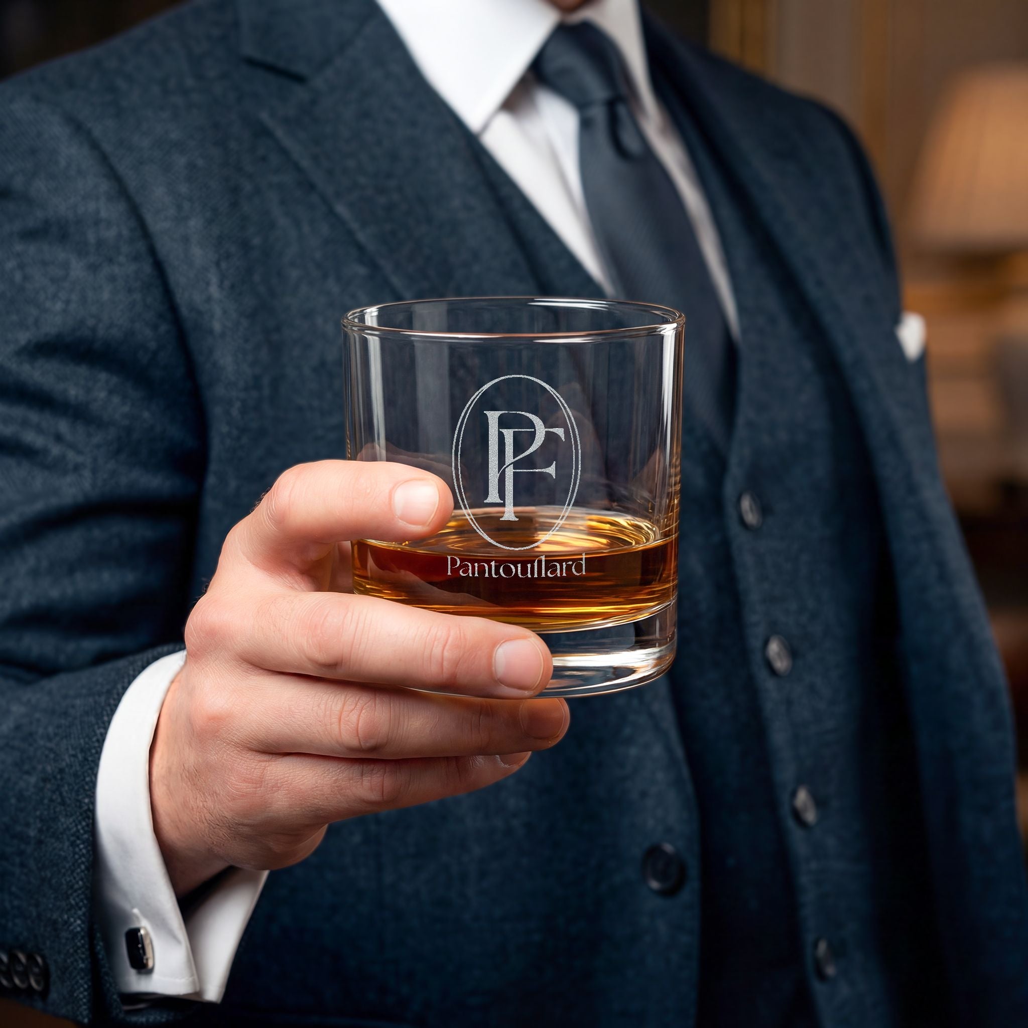 Clear Pantouflard Elegant Monogram Engraved Whiskey Glass, 10.5oz
