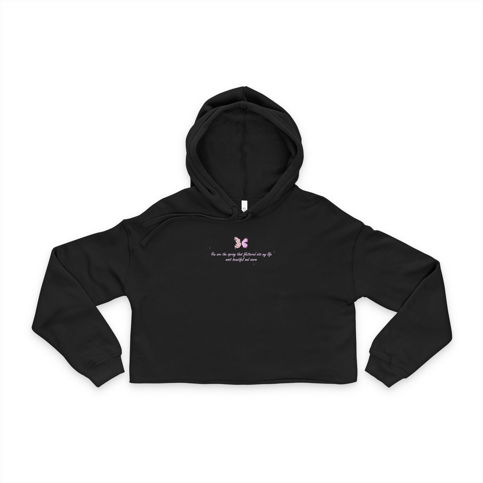 Women's Black Floral Butterfly Spring Quote Cotton Blend Crop Hoodie
