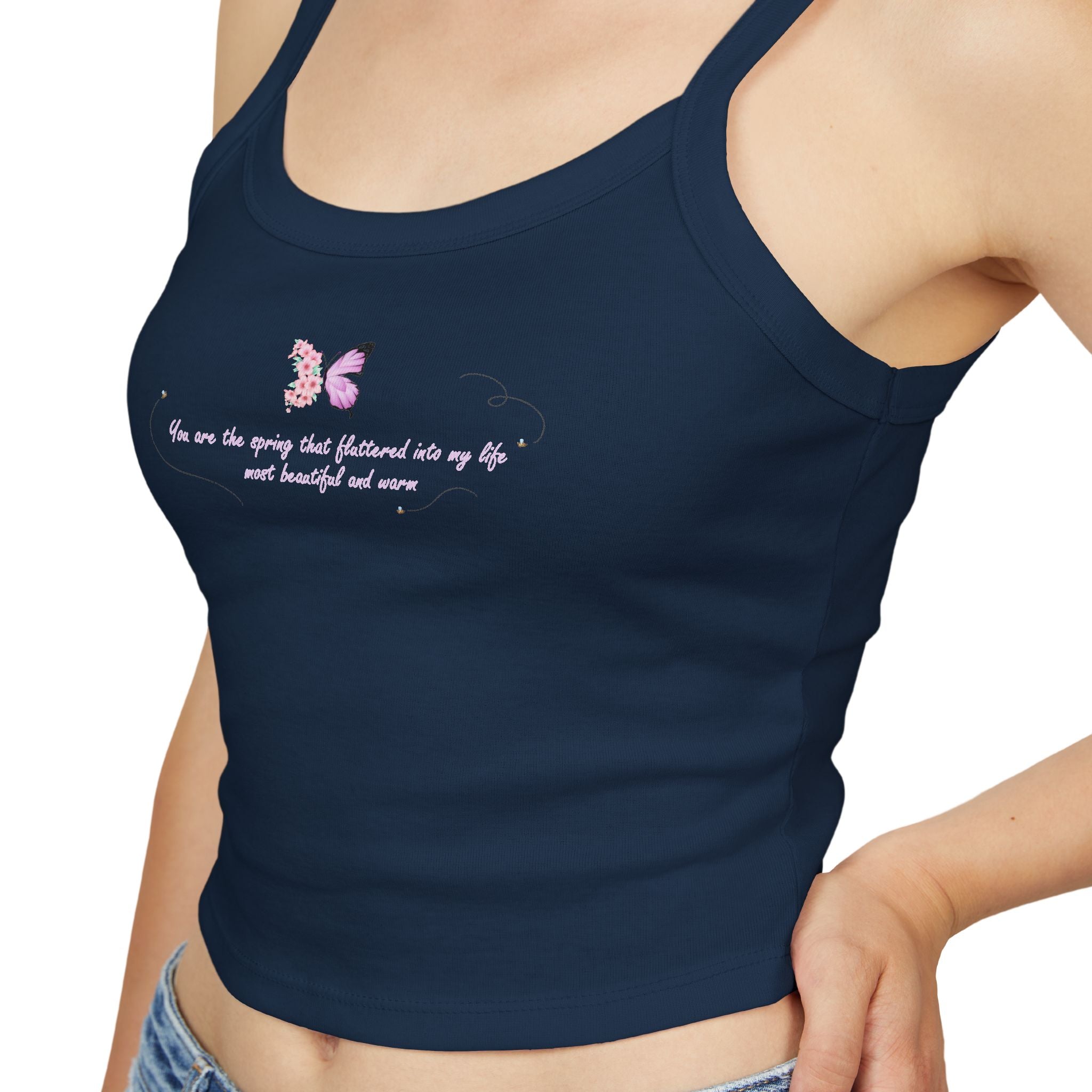 Women's Pink Floral Butterfly Spring Quote Cotton Blend Spaghetti Strap Tank Top