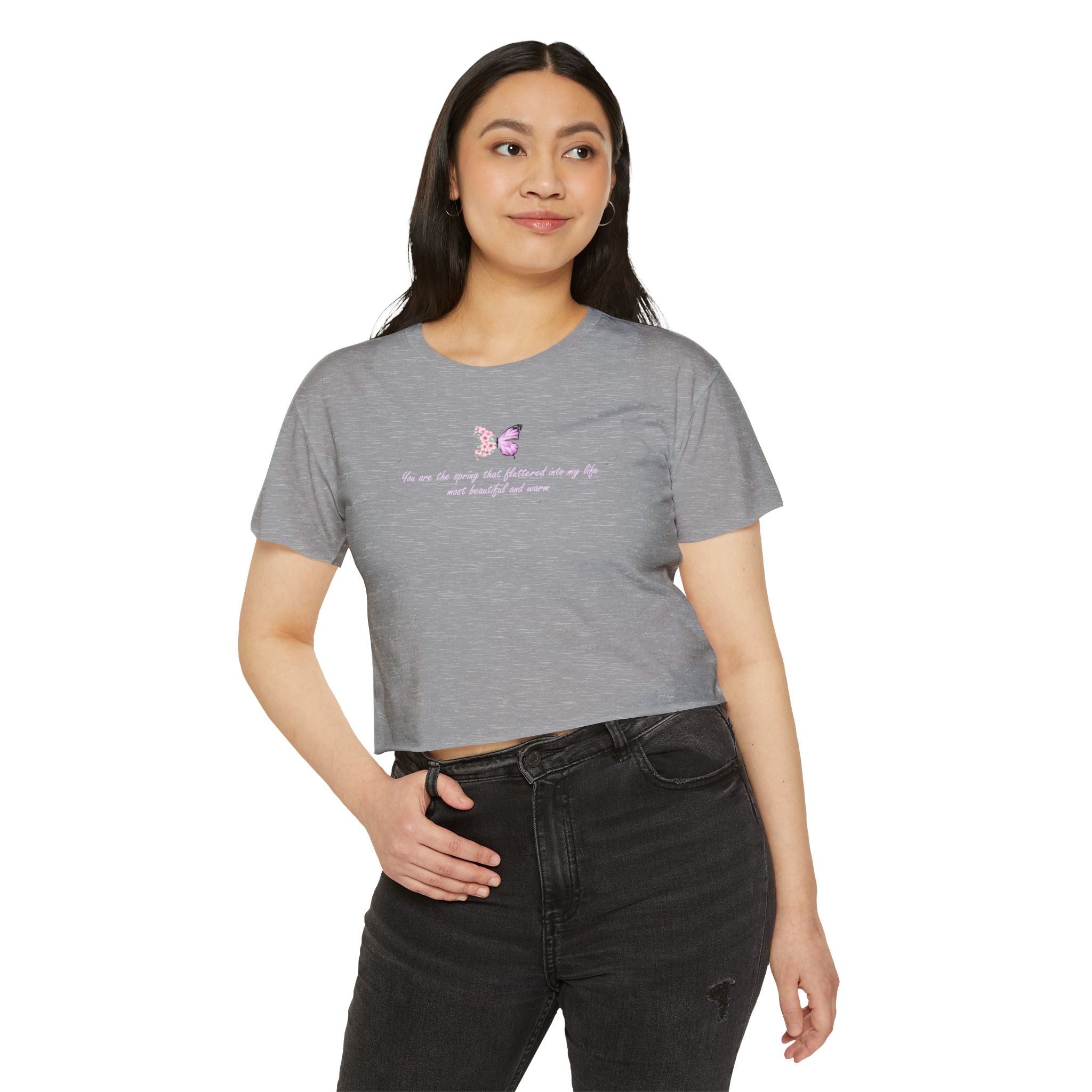 Women's Purple Floral Butterfly Spring Quote Cotton Blend Crop Top