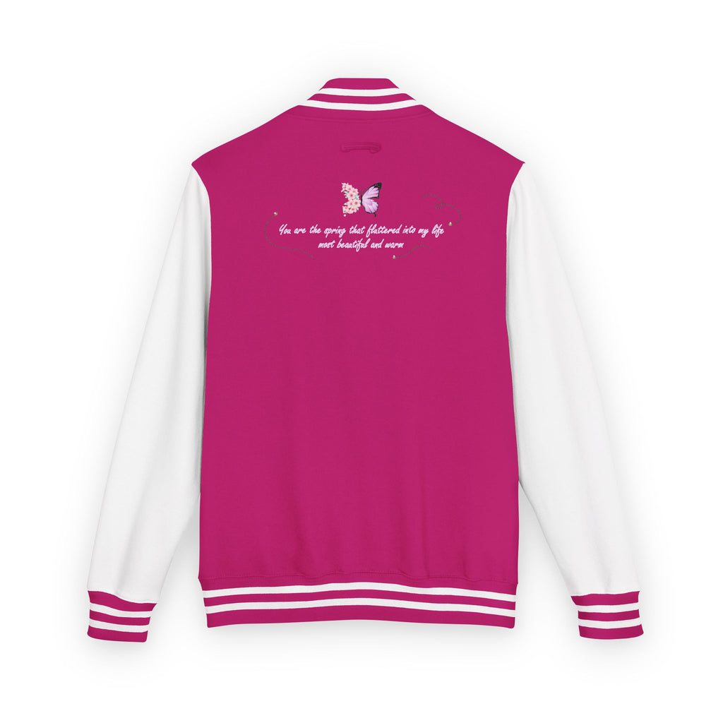 Unisex Navy Blue Floral Butterfly Spring Quote Cotton Blend Letterman Jacket