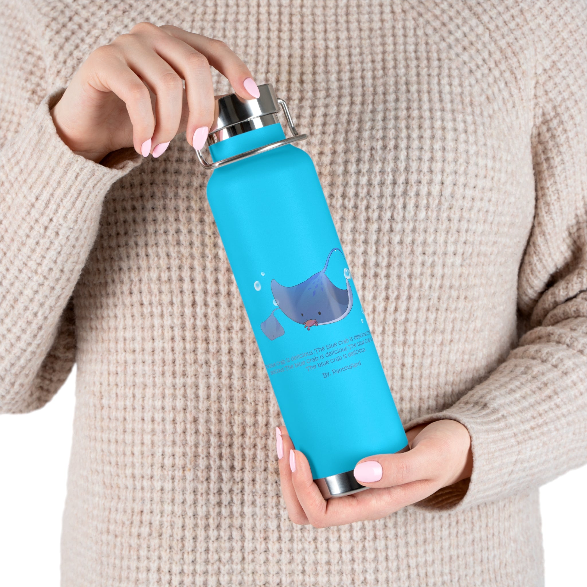 Cyan Blue Cute Stingray Eating Crab Quote 22oz Copper Vacuum Insulated Bottle
