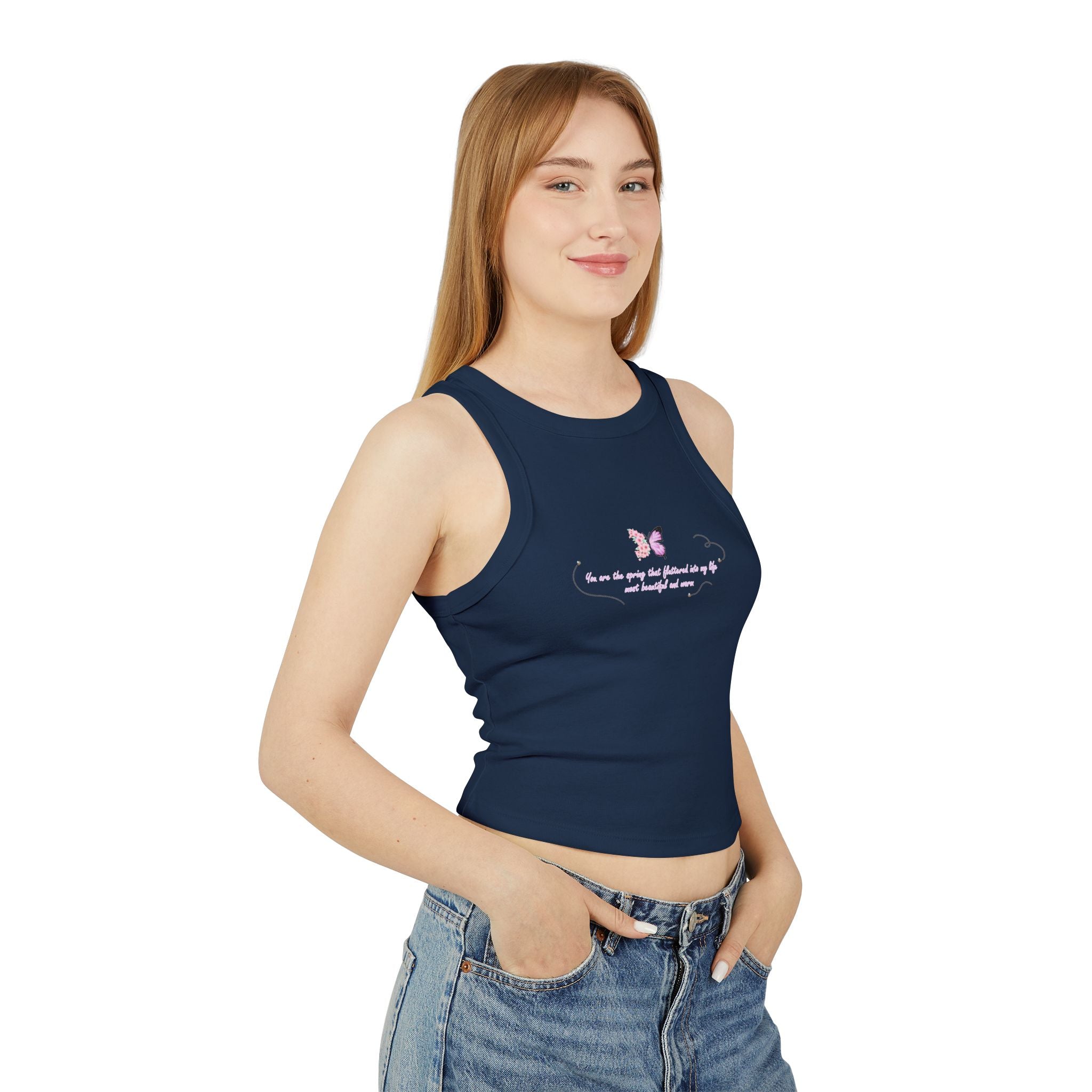 Women's Navy Blue Floral Butterfly Spring Quote Cotton Blend Racer Tank Top