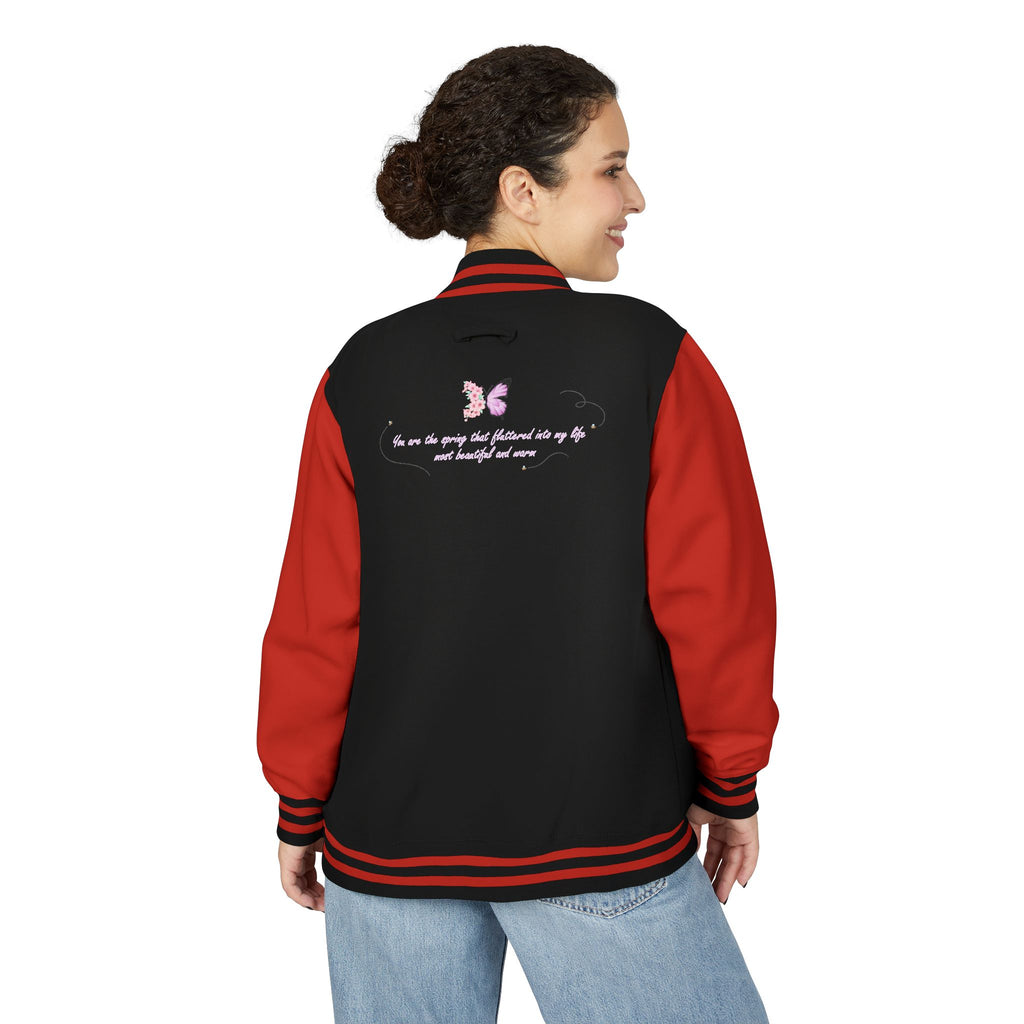 Unisex Navy Blue Floral Butterfly Spring Quote Cotton Blend Letterman Jacket