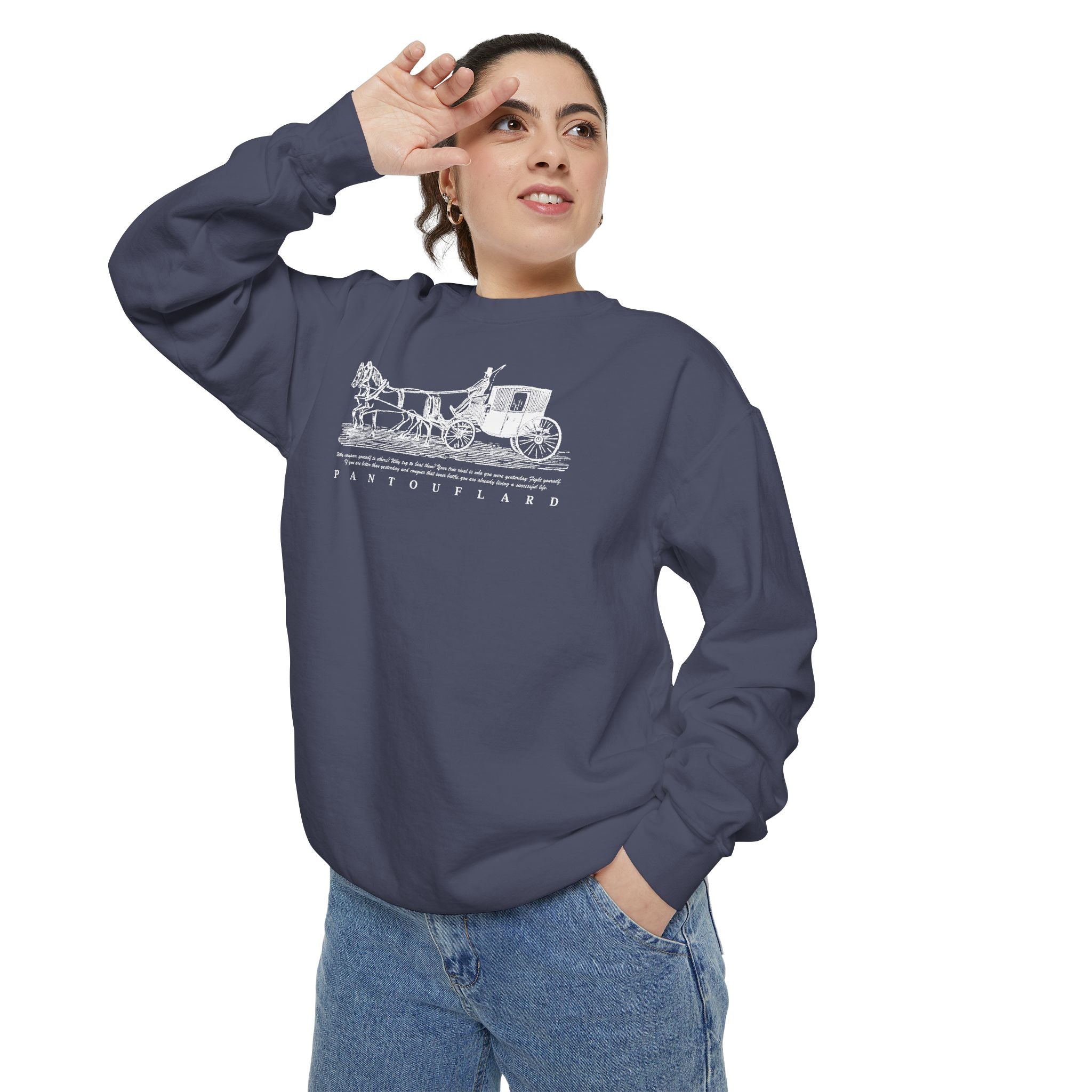 Unisex Navy Vintage Carriage Graphic Cotton Blend Sweatshirt