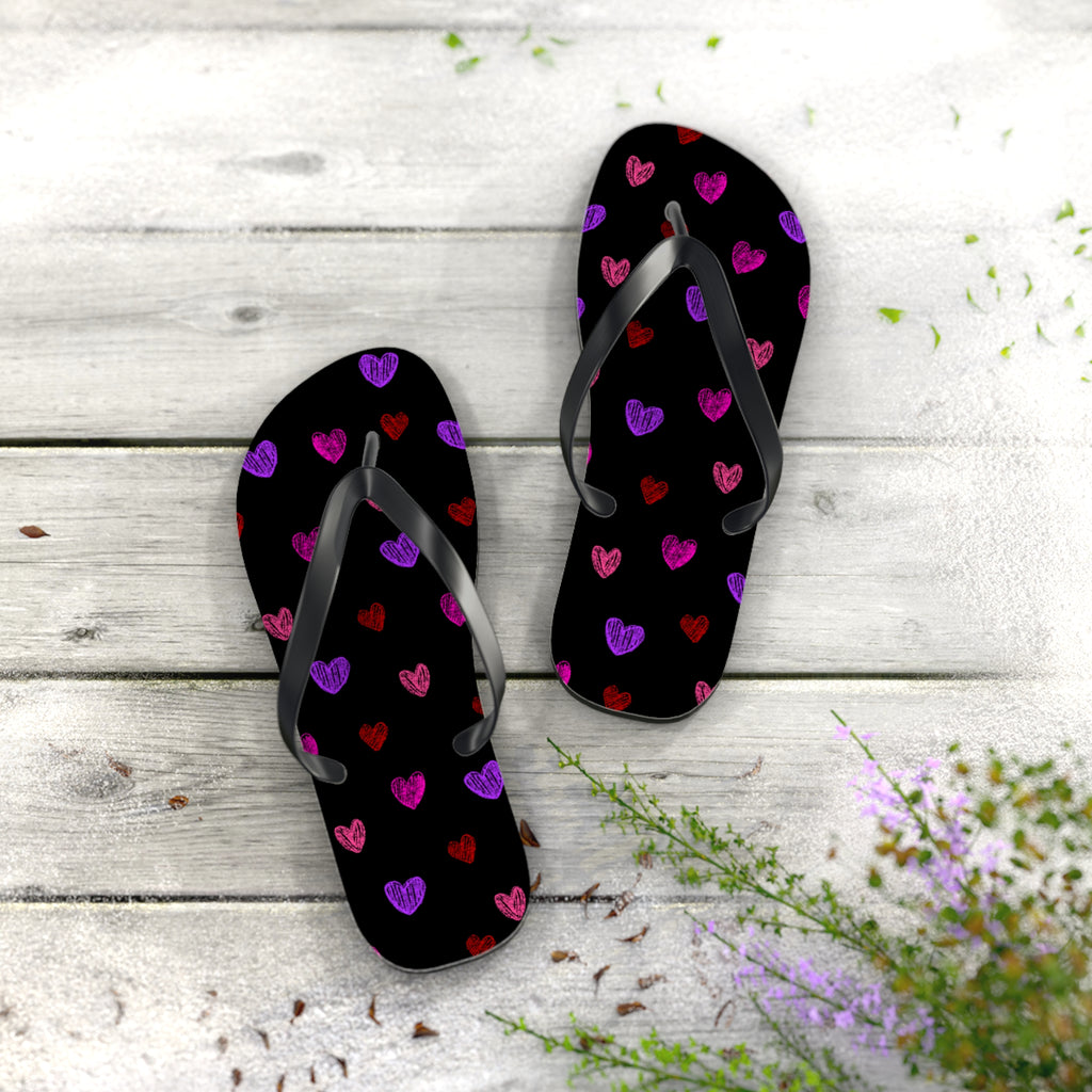 Unisex Black Colorful Hand Drawn Heart Pattern EVA Polyester Flip Flops