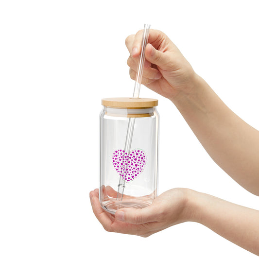 Pink Heart Design Sipper Glass, 16oz | Eco-Friendly Drinkware