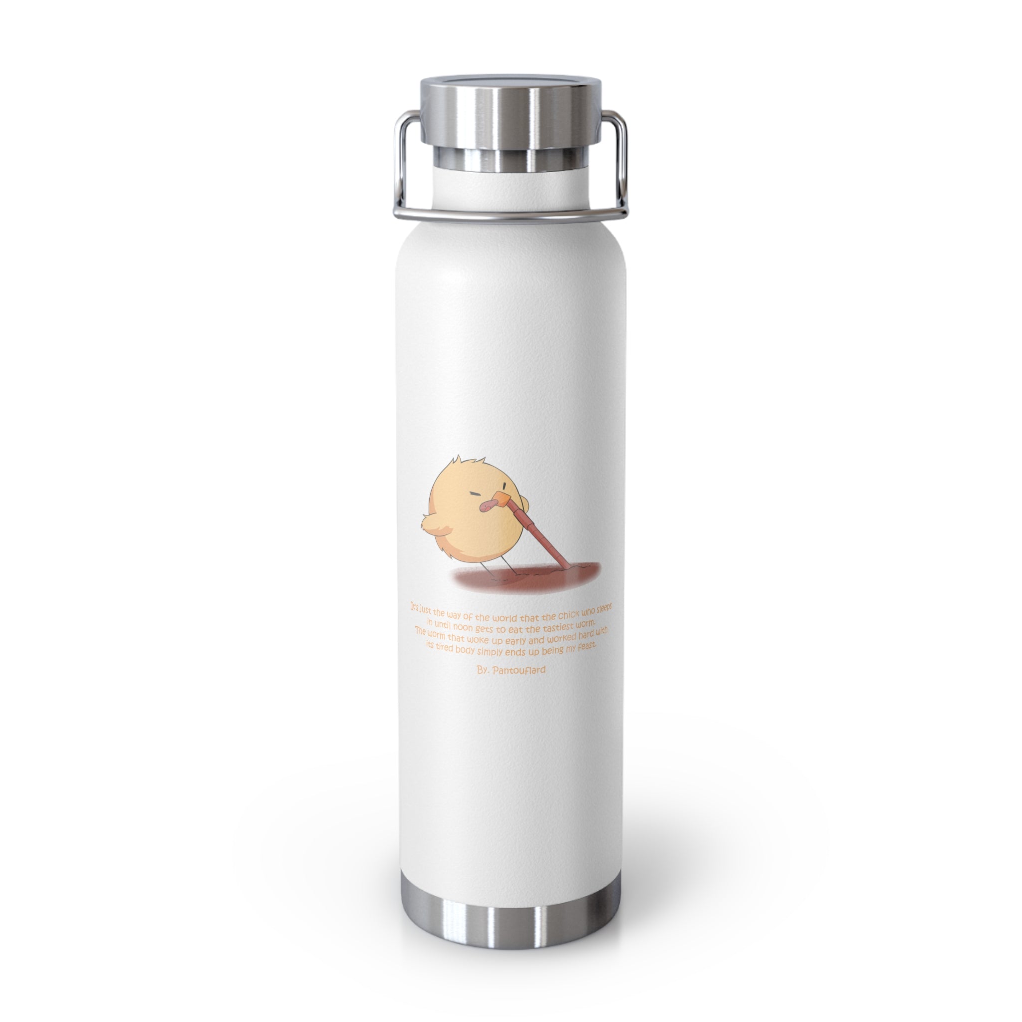 Navy Blue Cute Chick Pulling Worm Quote 22oz Copper Vacuum Insulated Bottle