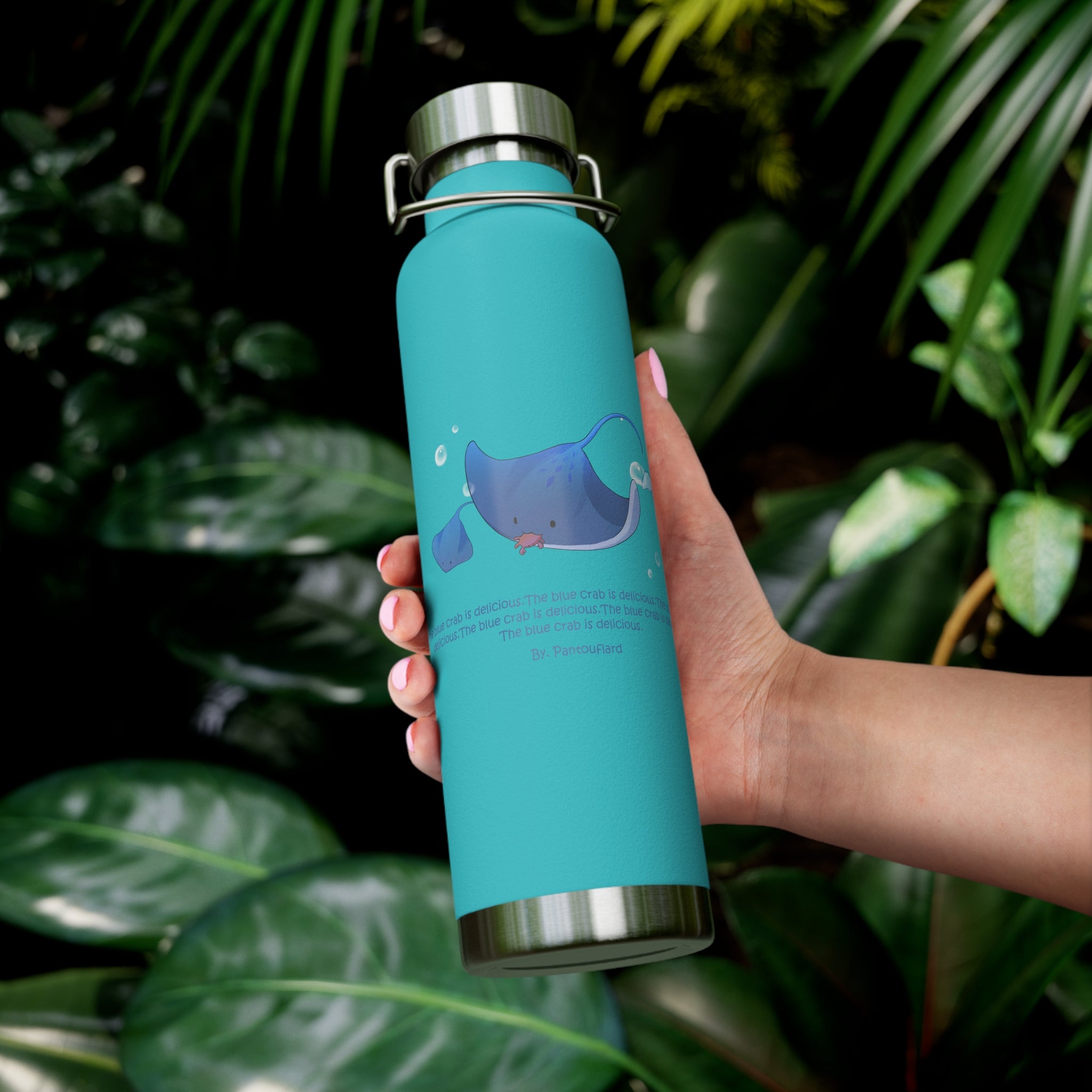 Cyan Blue Cute Stingray Eating Crab Quote 22oz Copper Vacuum Insulated Bottle