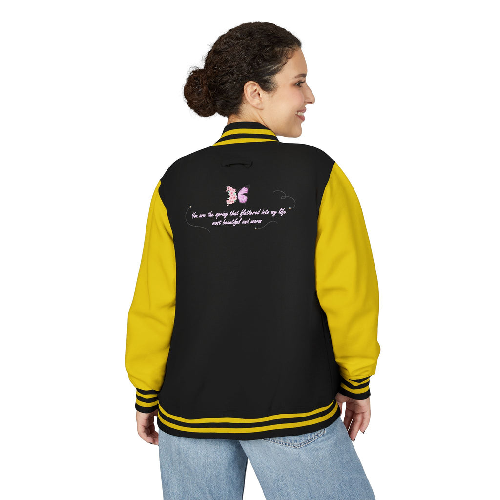 Unisex Navy Blue Floral Butterfly Spring Quote Cotton Blend Letterman Jacket