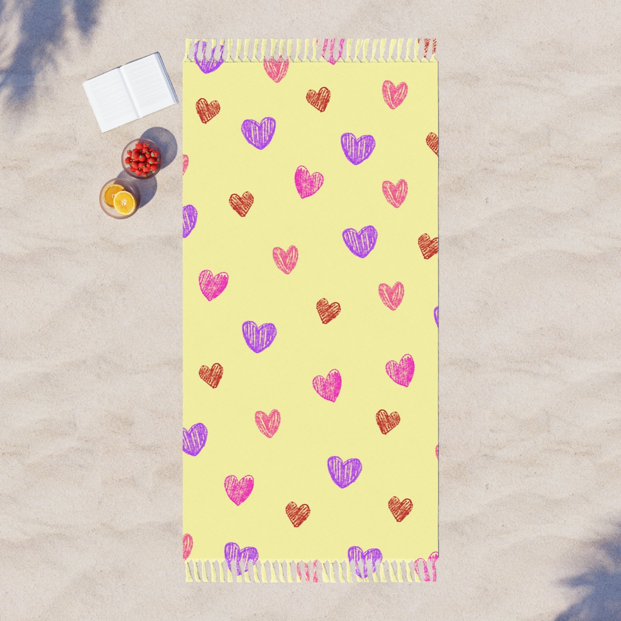 Light Yellow Colorful Hand Drawn Heart Pattern 100% Polyester Boho Beach Cloth