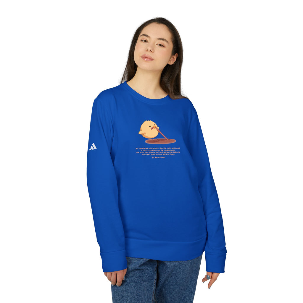 Adidas Crewneck Sweatshirt with Funny Graphic - "Early Bird Parody" Cute Chick Design - 8color Cotton Fleece Pullover - Unisex Streetwear